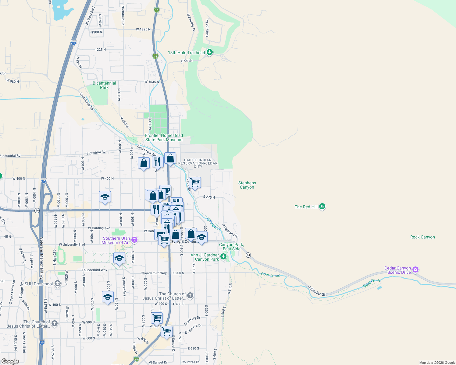 map of restaurants, bars, coffee shops, grocery stores, and more near 363 North Foothill Drive in Cedar City