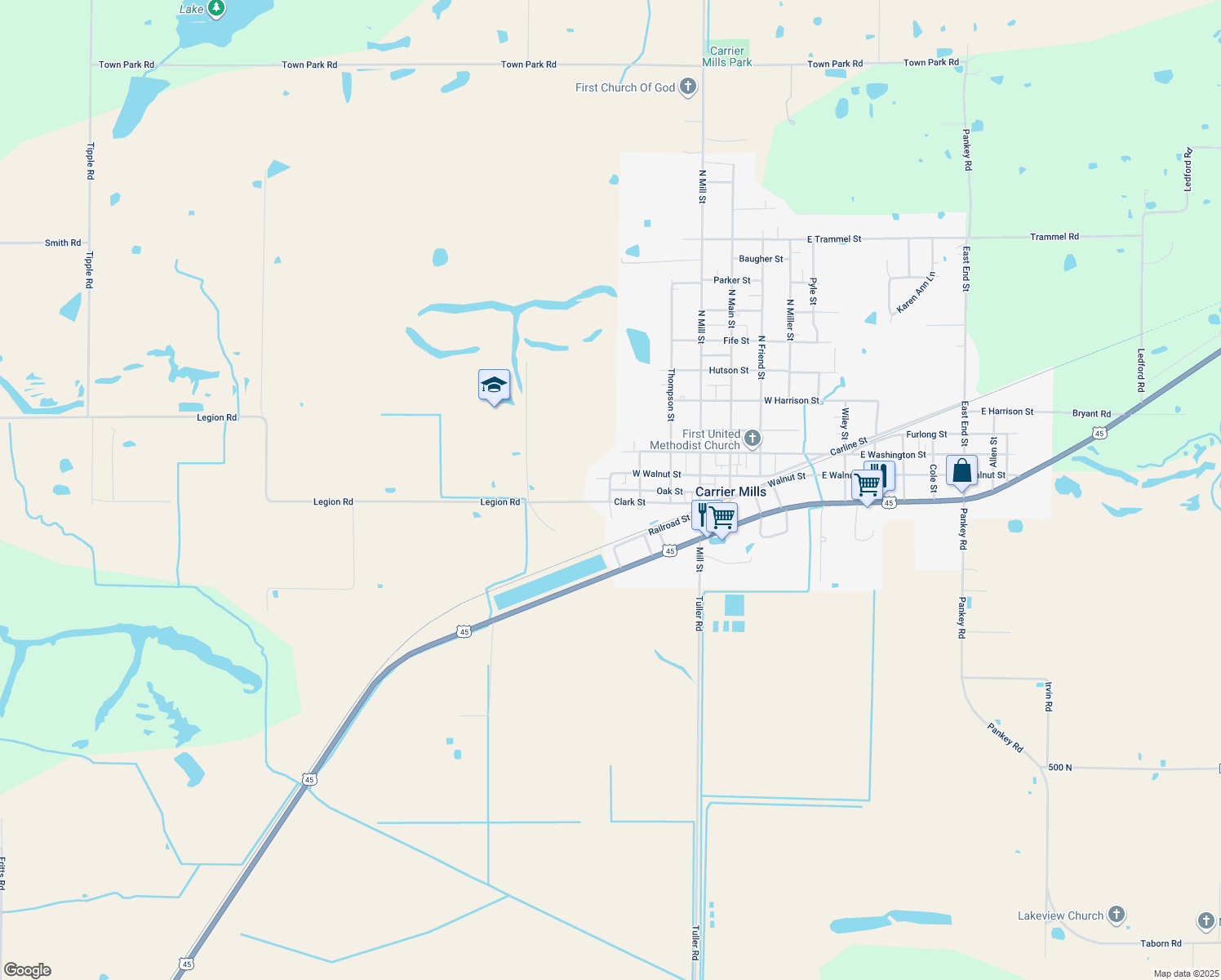 map of restaurants, bars, coffee shops, grocery stores, and more near 404 Oak St in Carrier Mills