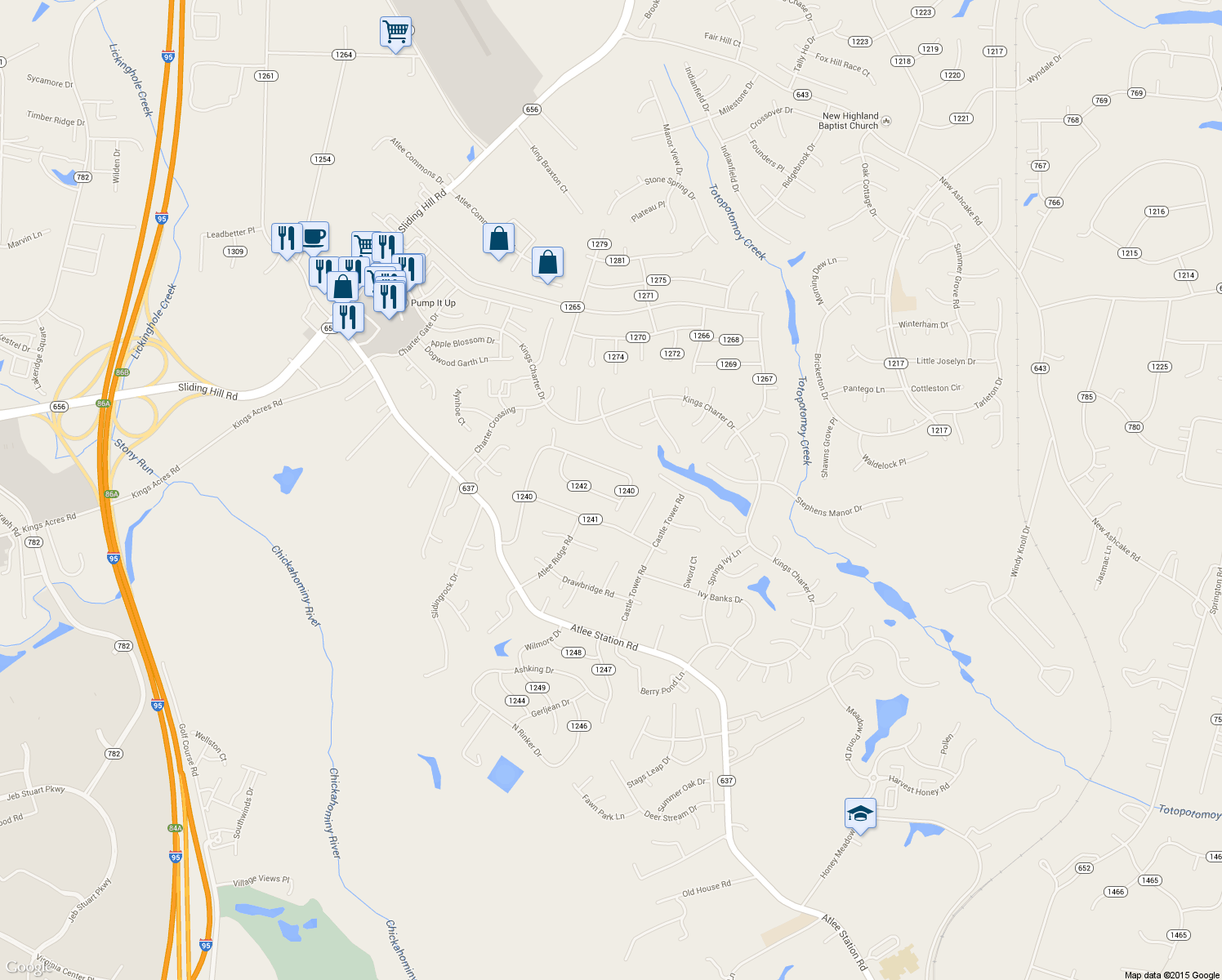 map of restaurants, bars, coffee shops, grocery stores, and more near 9310 Plymouth Place in Mechanicsville