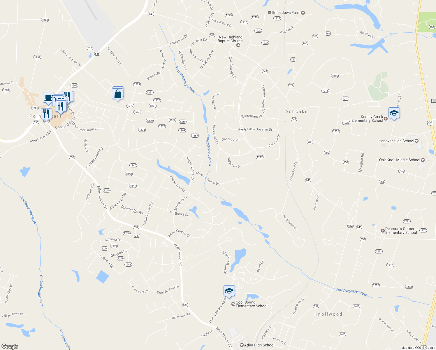 map of restaurants, bars, coffee shops, grocery stores, and more near 10257 Shawns Grove Place in Mechanicsville