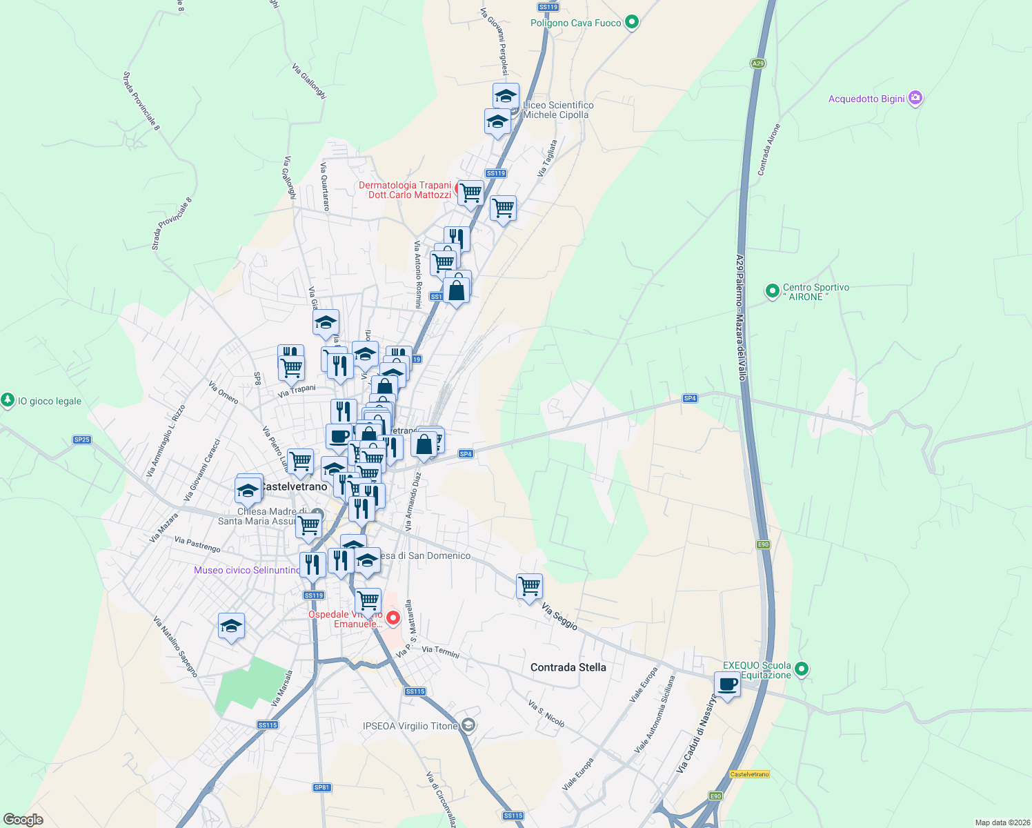 map of restaurants, bars, coffee shops, grocery stores, and more near in Free municipal consortium of Trapani