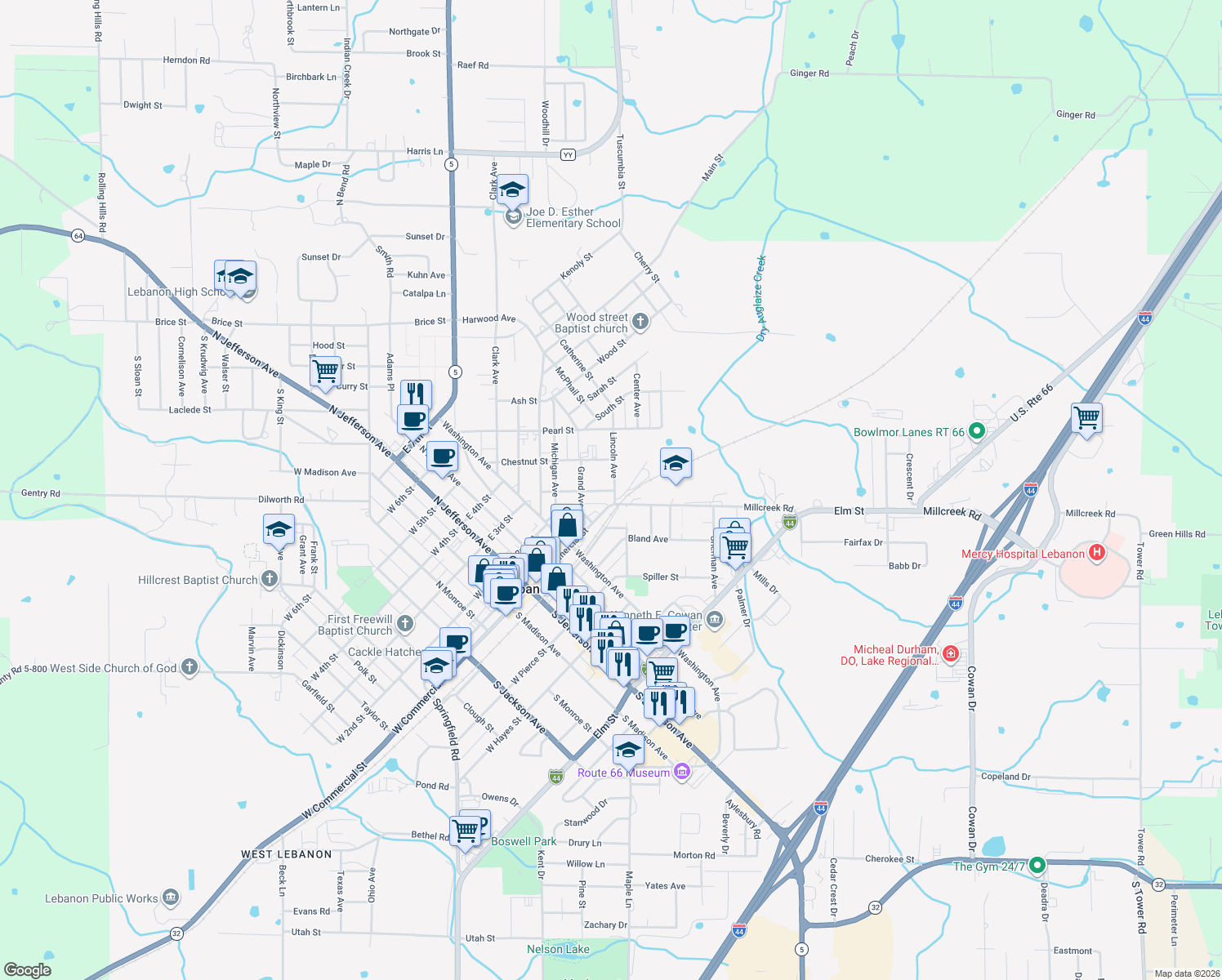 map of restaurants, bars, coffee shops, grocery stores, and more near 588 Locust St in Lebanon