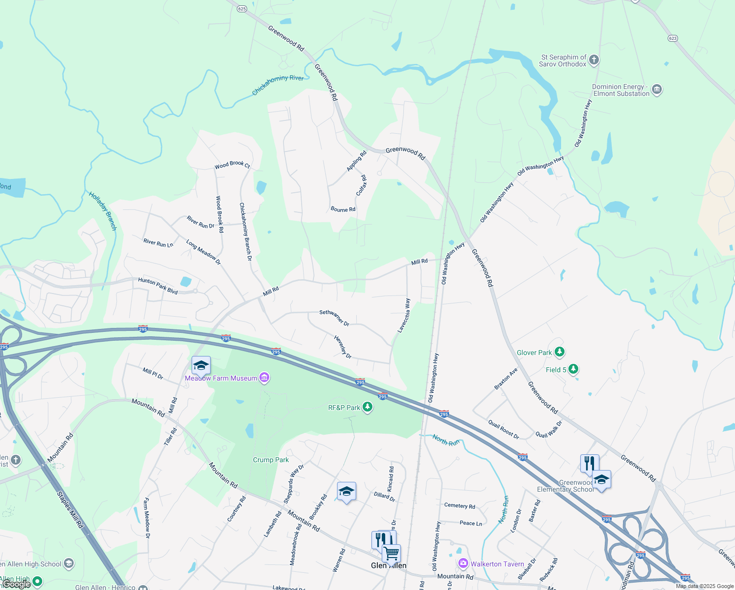 map of restaurants, bars, coffee shops, grocery stores, and more near 11700 Kimbolton Place in Glen Allen