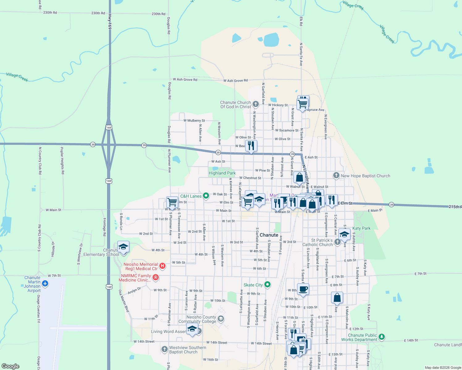 map of restaurants, bars, coffee shops, grocery stores, and more near 699 W Walnut St in Chanute
