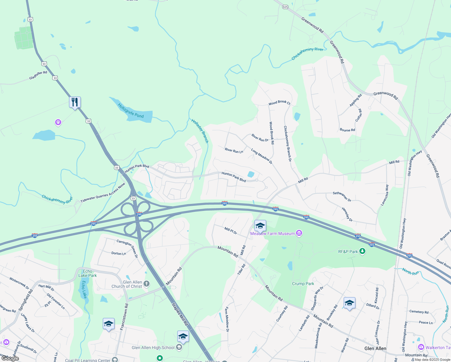 map of restaurants, bars, coffee shops, grocery stores, and more near 3520 Hunton Ridge Drive in Glen Allen