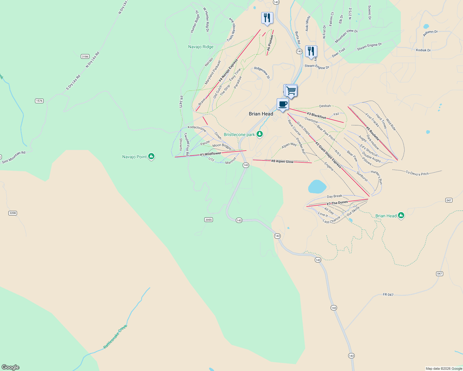 map of restaurants, bars, coffee shops, grocery stores, and more near 754 South Driftwood Drive in Brian Head