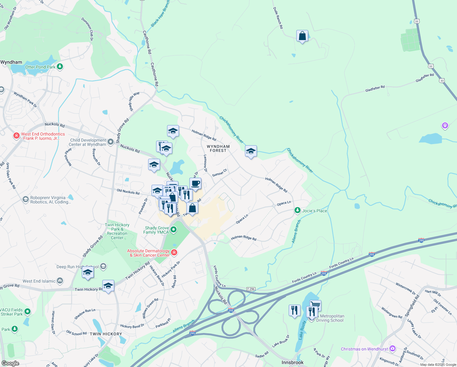 map of restaurants, bars, coffee shops, grocery stores, and more near 5229 Chappell Ridge Place in Glen Allen