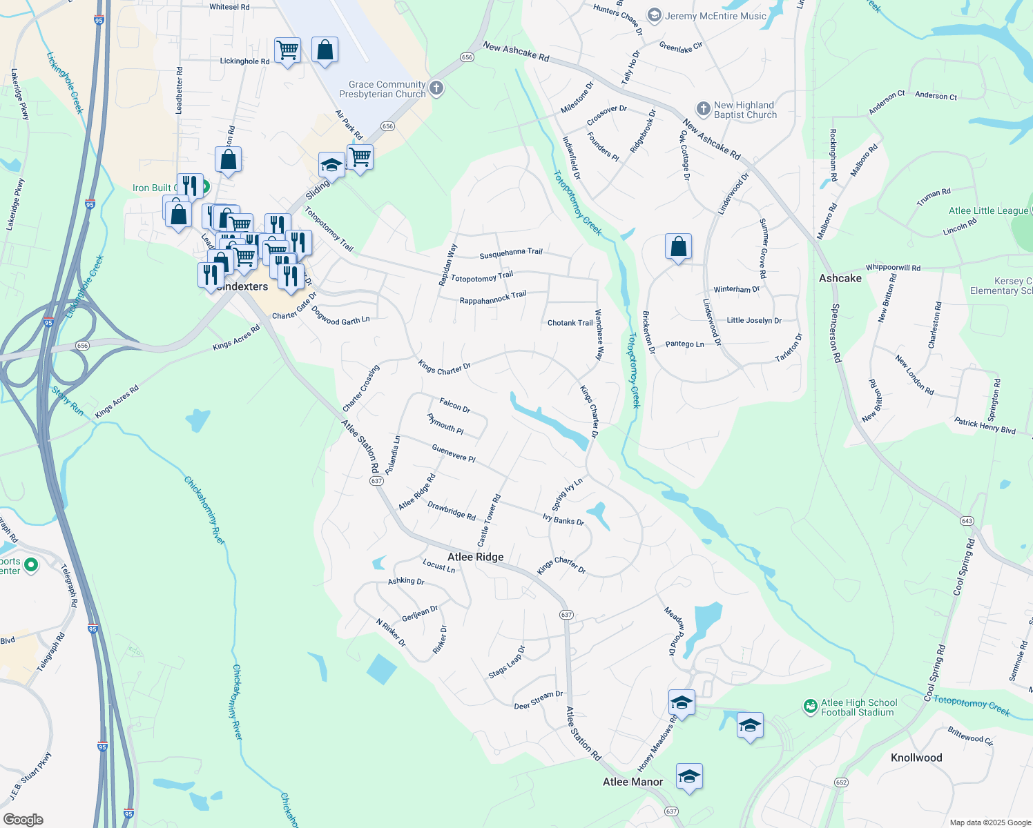 map of restaurants, bars, coffee shops, grocery stores, and more near 9442 Charter Lake Drive in Mechanicsville
