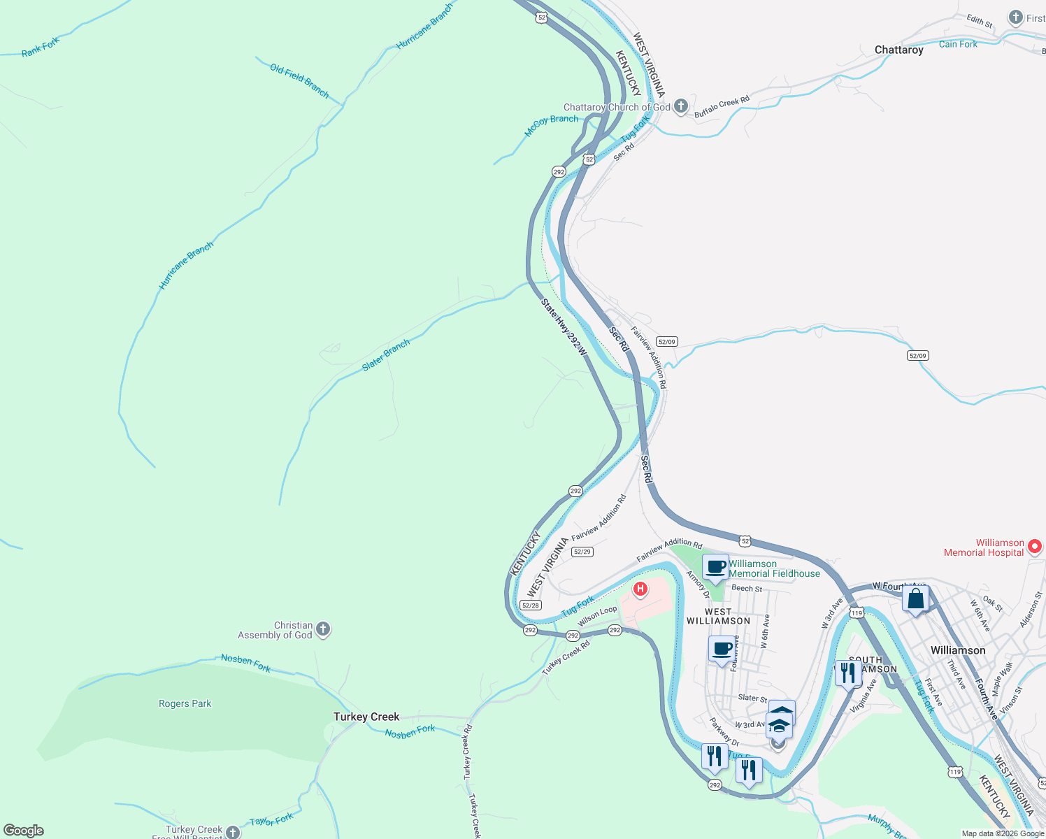 map of restaurants, bars, coffee shops, grocery stores, and more near 2-198 Skyview Drive in Belfry