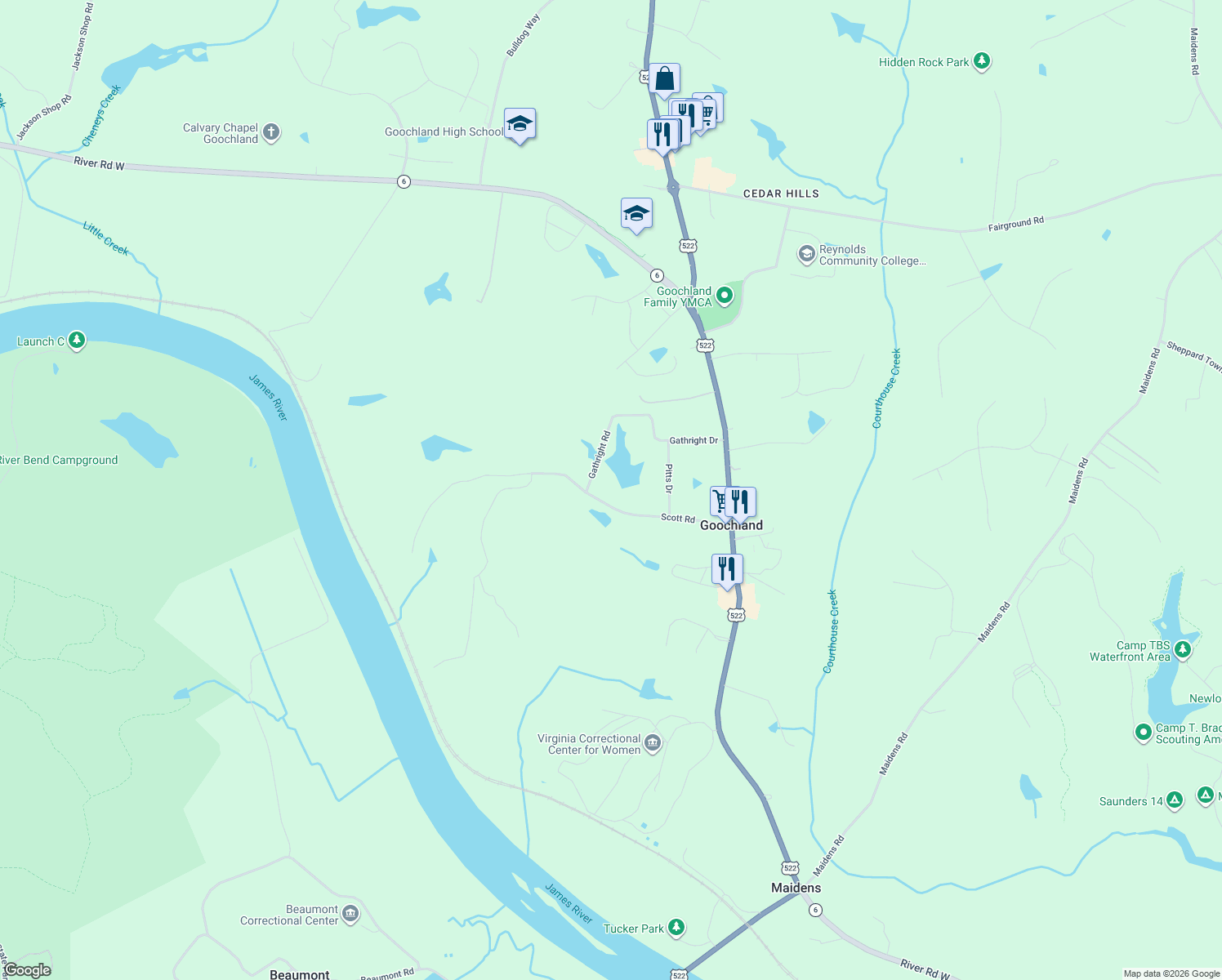 map of restaurants, bars, coffee shops, grocery stores, and more near 3258 Scott Road in Goochland