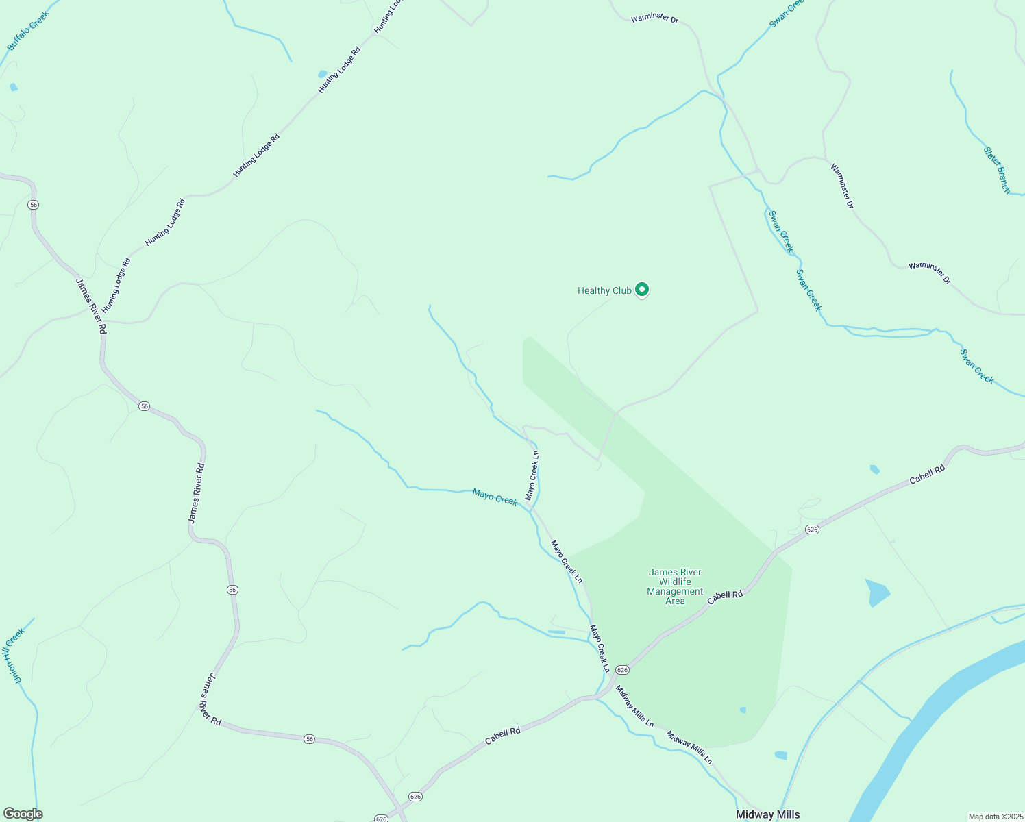 map of restaurants, bars, coffee shops, grocery stores, and more near 1002 Mayo Creek Lane in Wingina