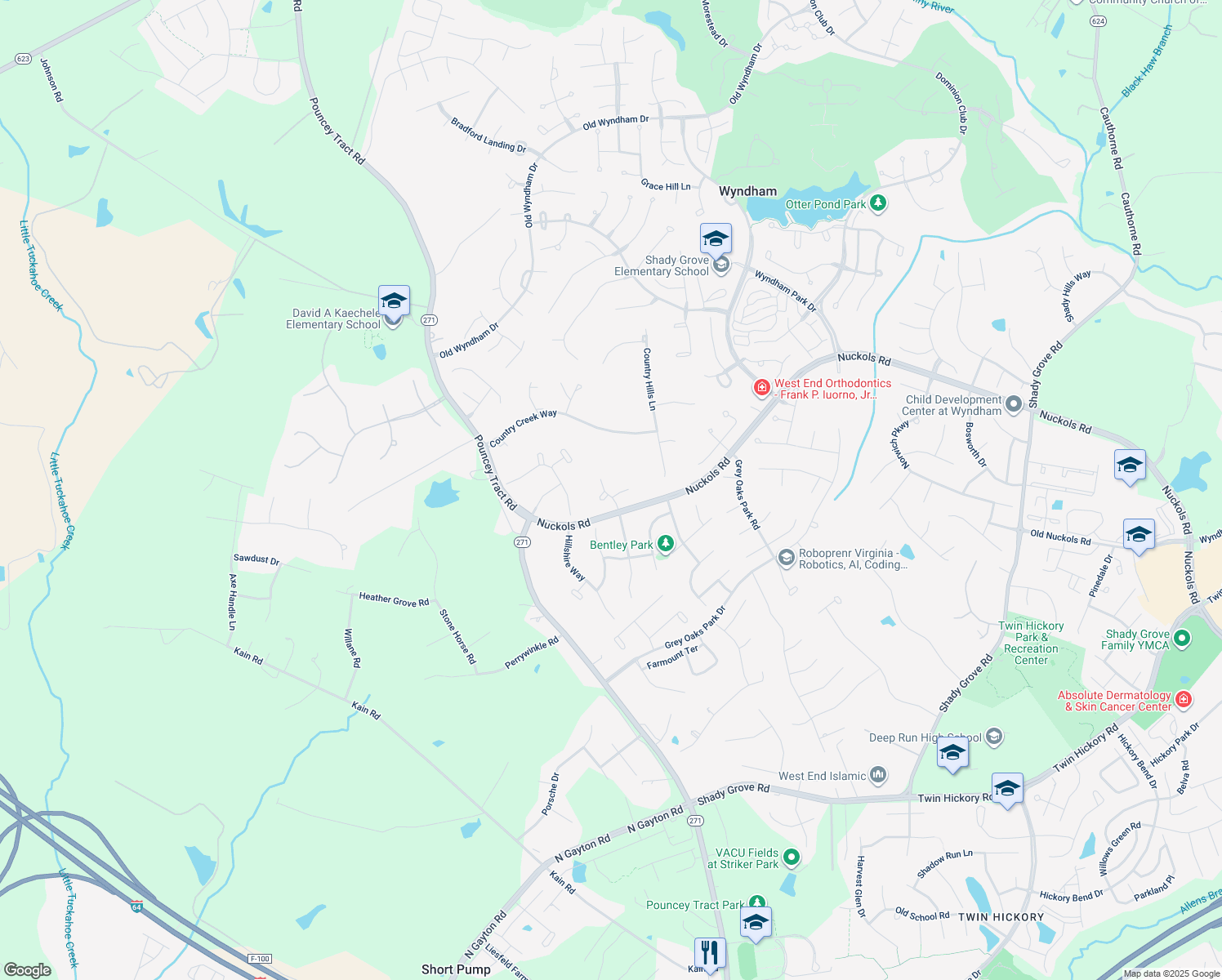 map of restaurants, bars, coffee shops, grocery stores, and more near 12212 Bayswater Court in Glen Allen