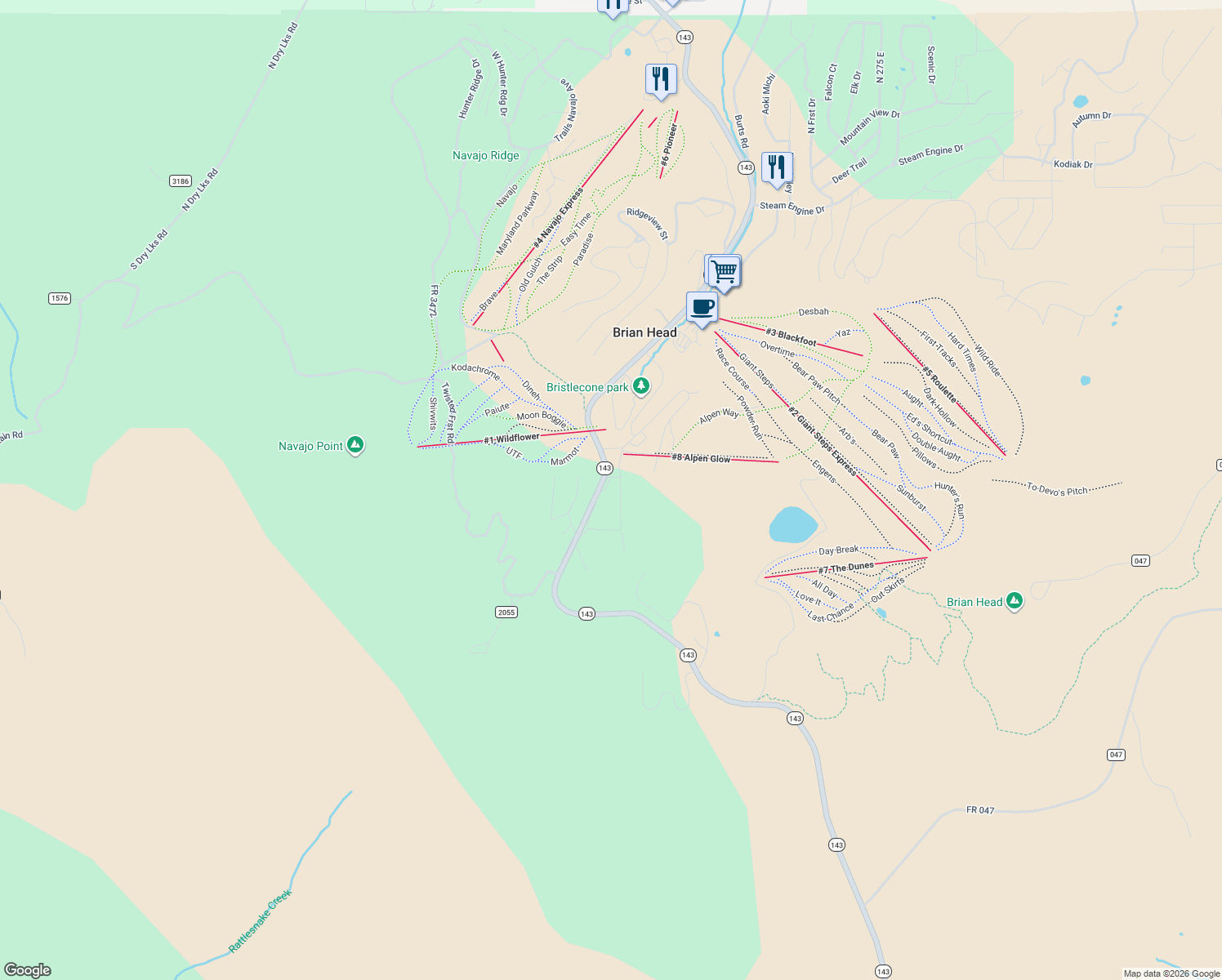 map of restaurants, bars, coffee shops, grocery stores, and more near 681 Utah 143 in Brian Head