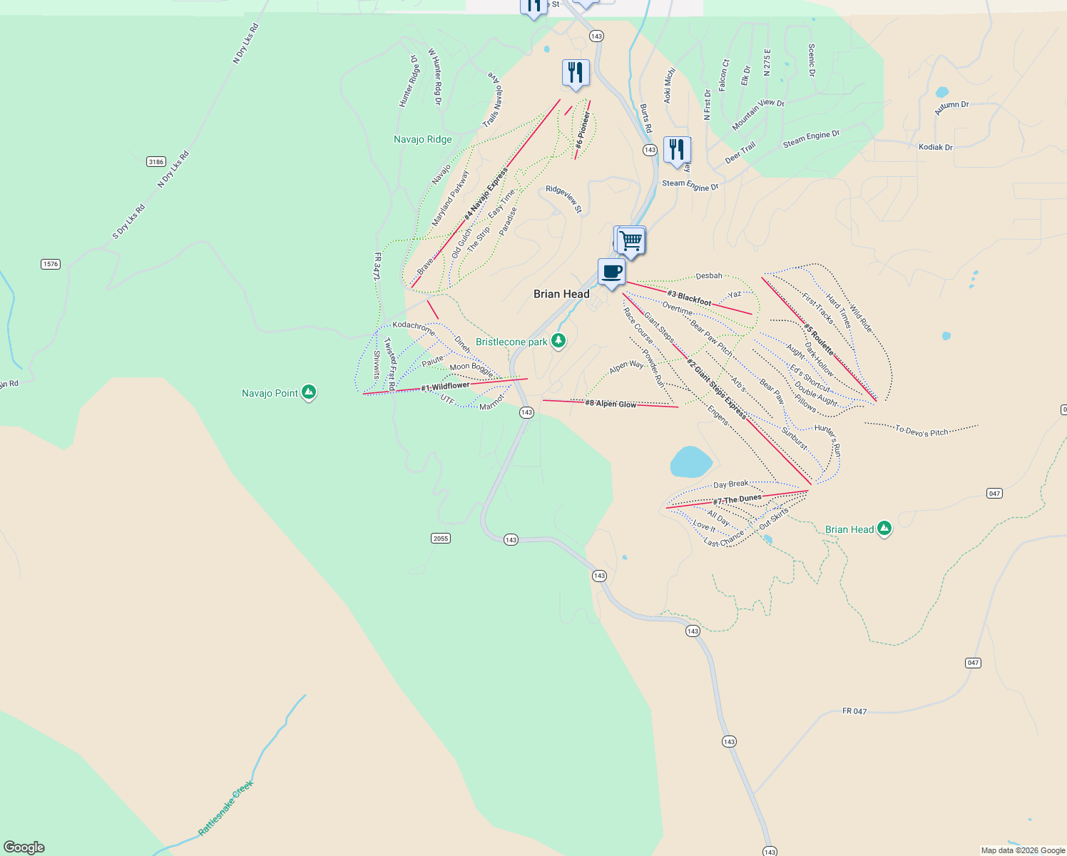 map of restaurants, bars, coffee shops, grocery stores, and more near 690 Utah 143 in Brian Head