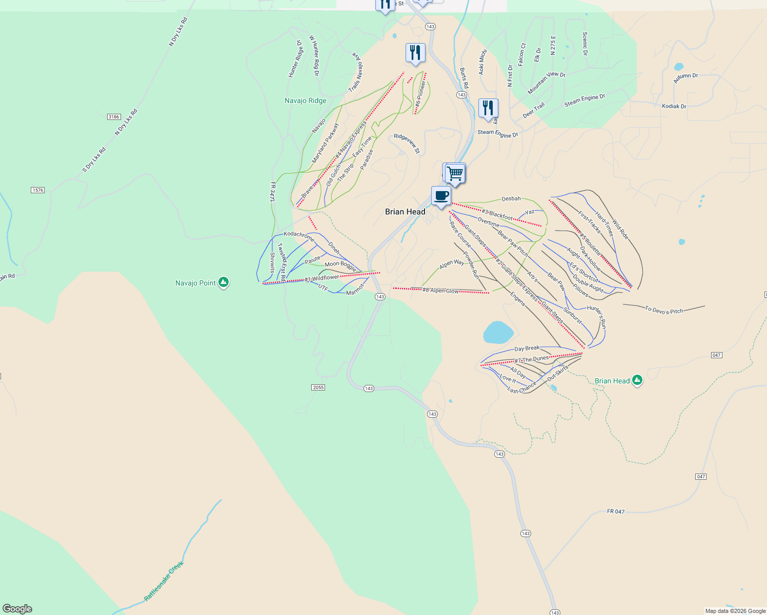 map of restaurants, bars, coffee shops, grocery stores, and more near 690 Utah 143 in Brian Head