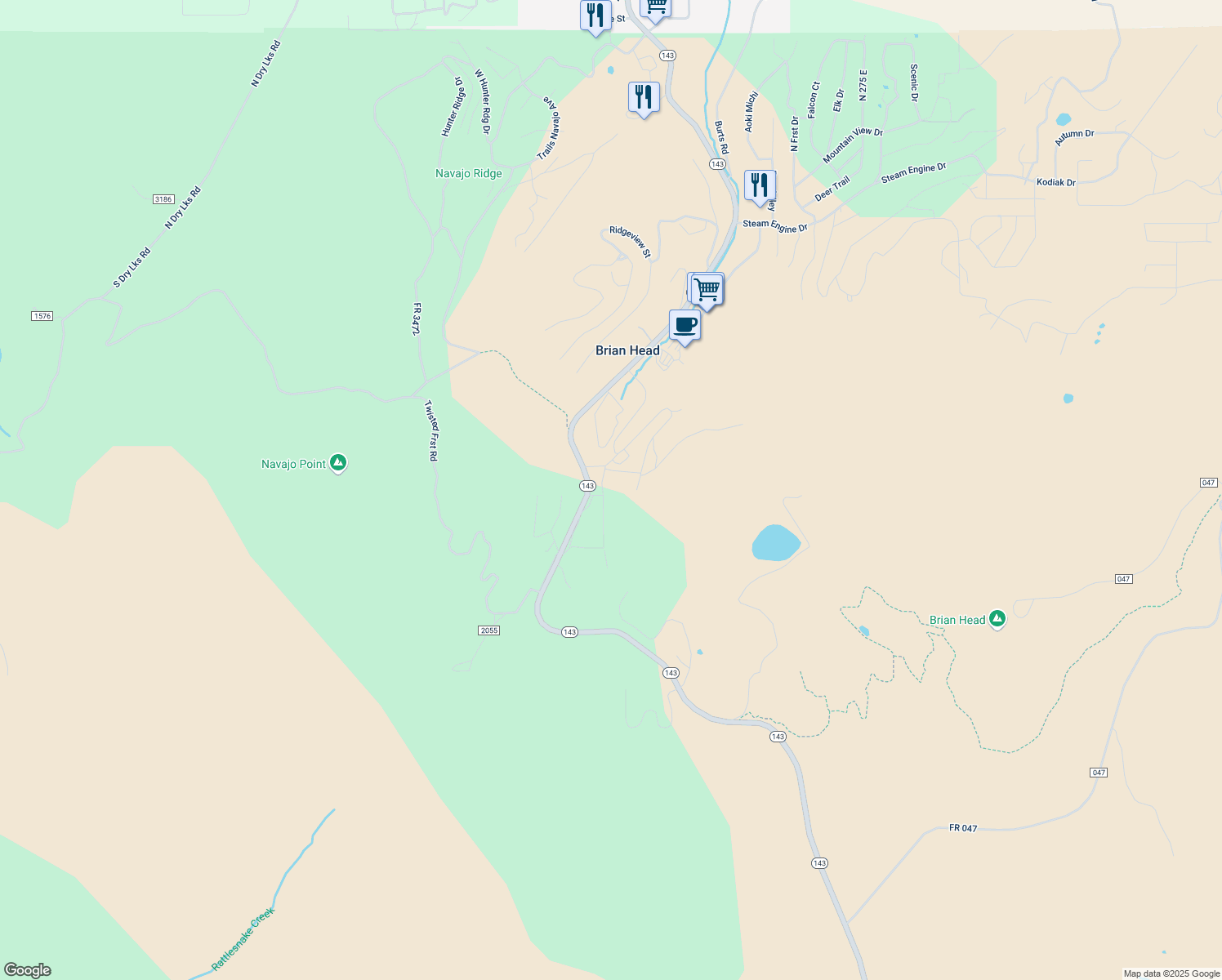 map of restaurants, bars, coffee shops, grocery stores, and more near 651 South Snowflake Lane in Brian Head