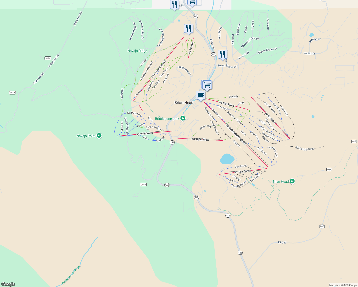 map of restaurants, bars, coffee shops, grocery stores, and more near 651 South Snowflake Lane in Brian Head