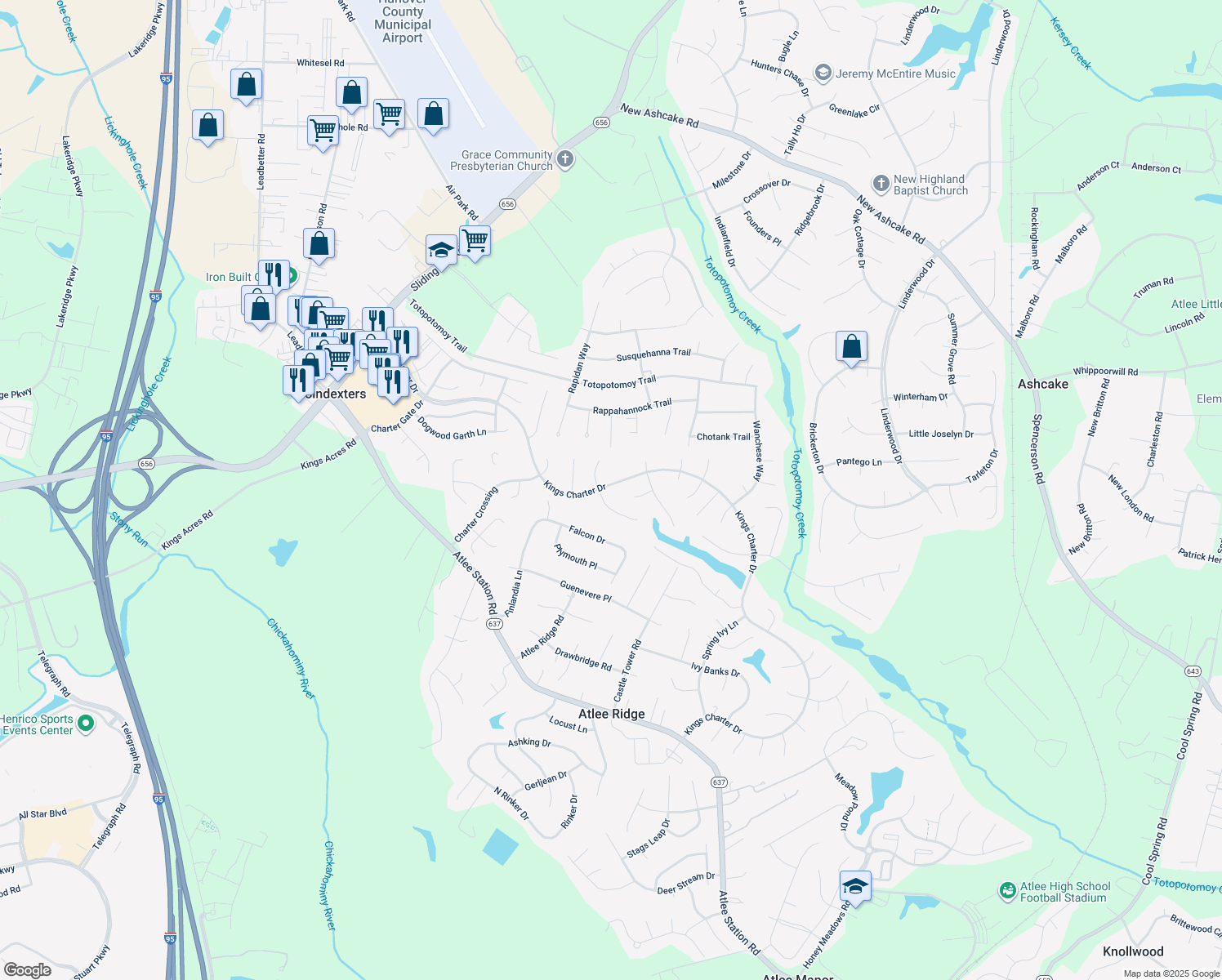 map of restaurants, bars, coffee shops, grocery stores, and more near 9333 Kings Charter Drive in Mechanicsville
