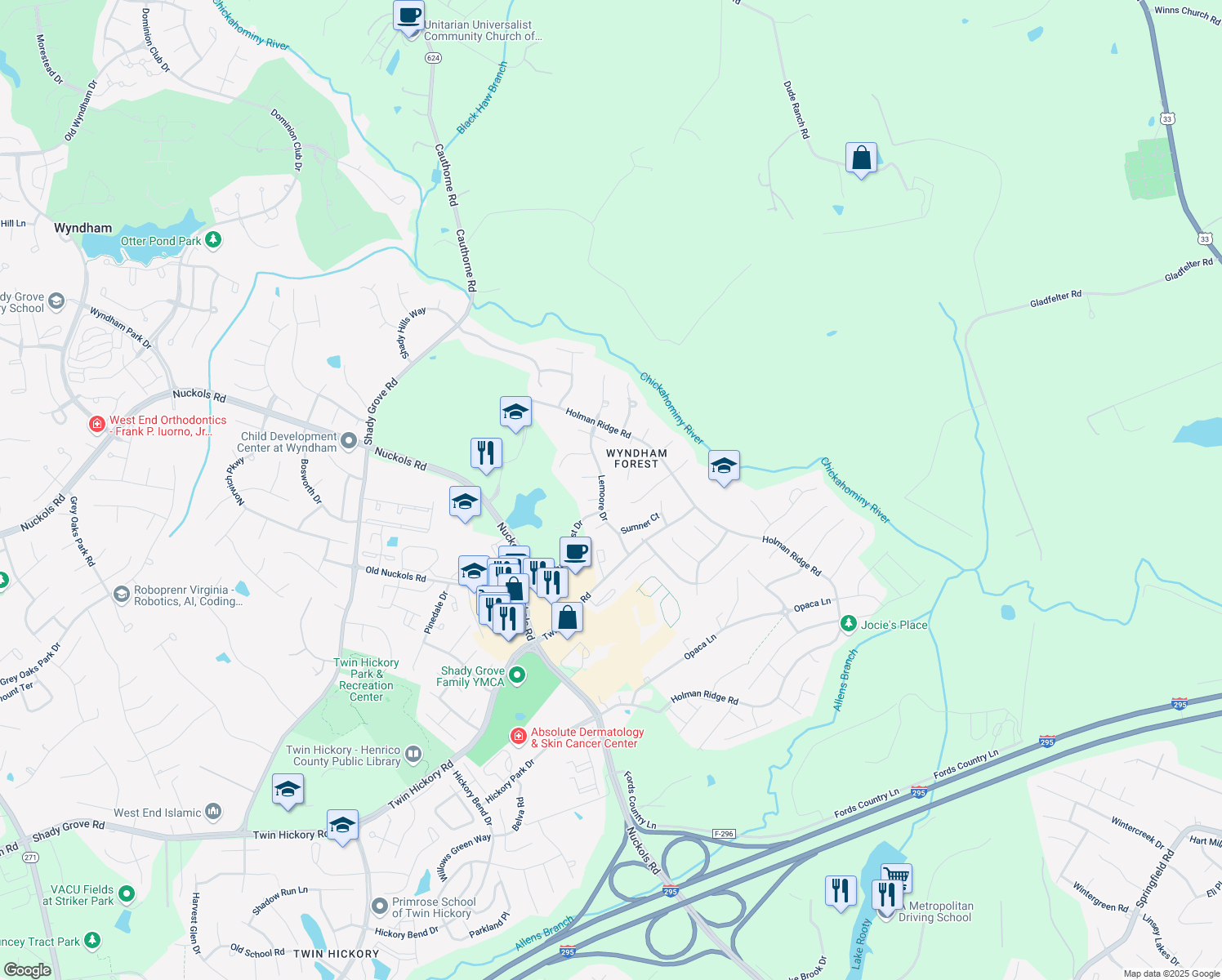map of restaurants, bars, coffee shops, grocery stores, and more near 5309 Lemoore Drive in Glen Allen