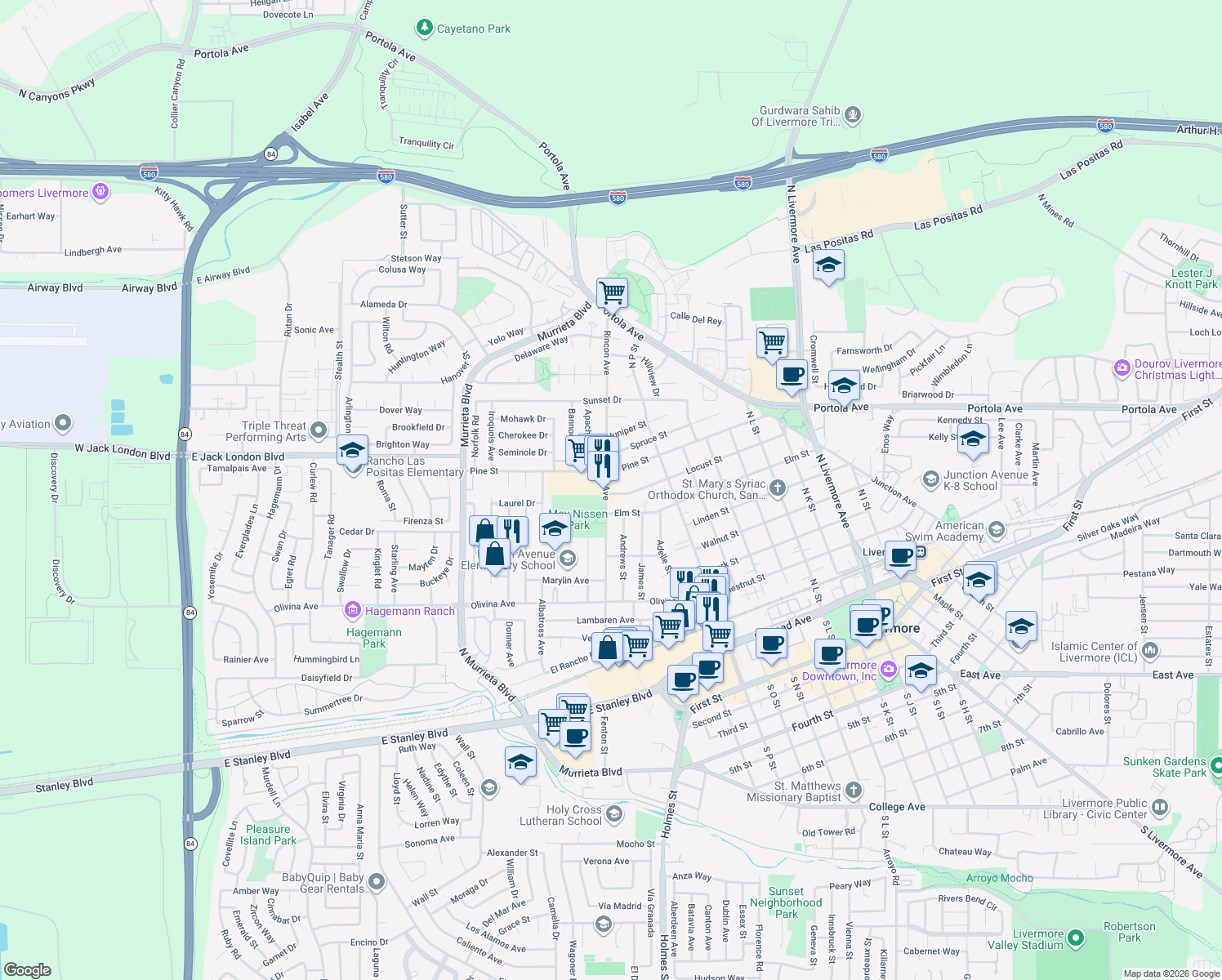 map of restaurants, bars, coffee shops, grocery stores, and more near 1024 Locust Street in Livermore