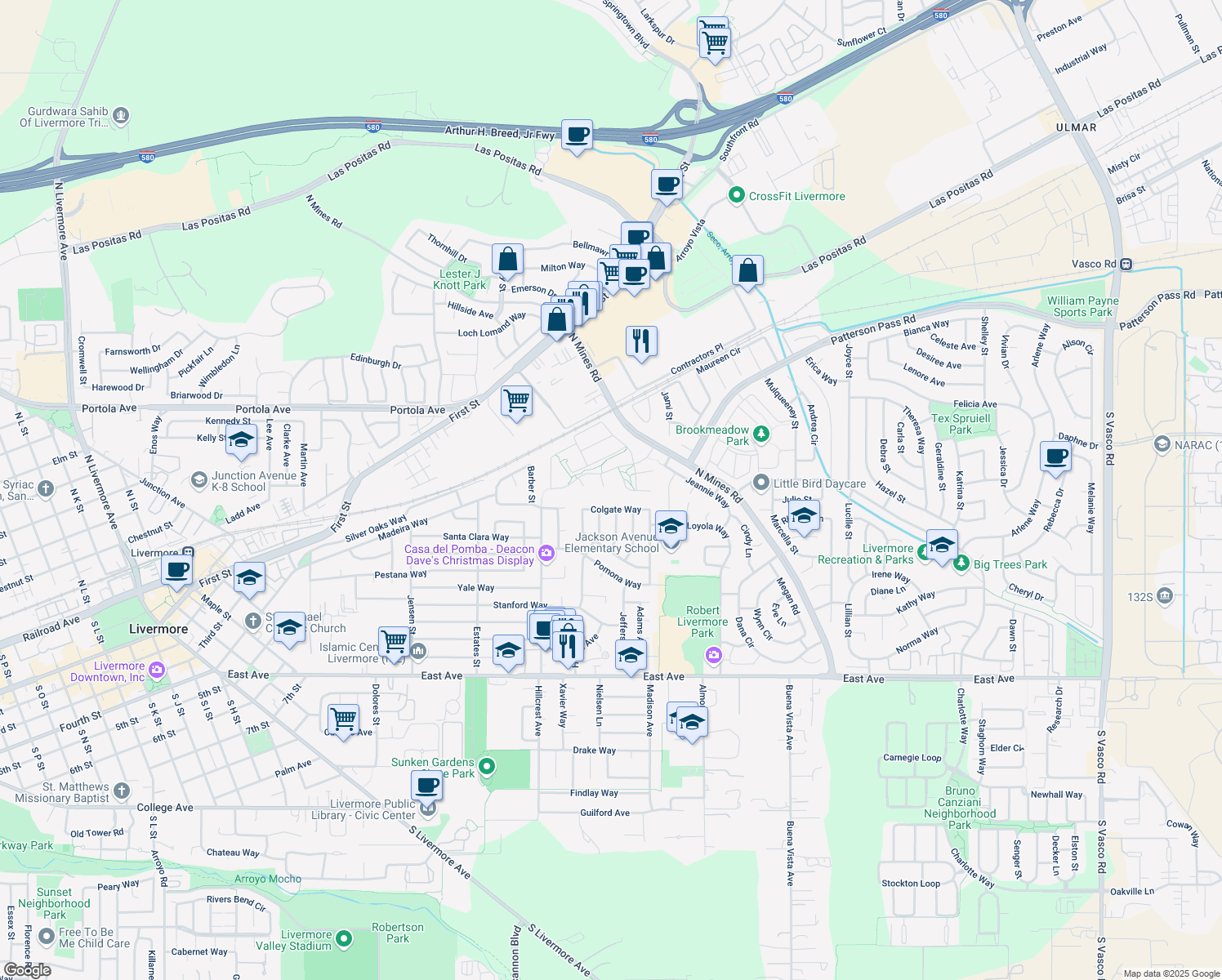 map of restaurants, bars, coffee shops, grocery stores, and more near 292 MacKenzie Court in Livermore