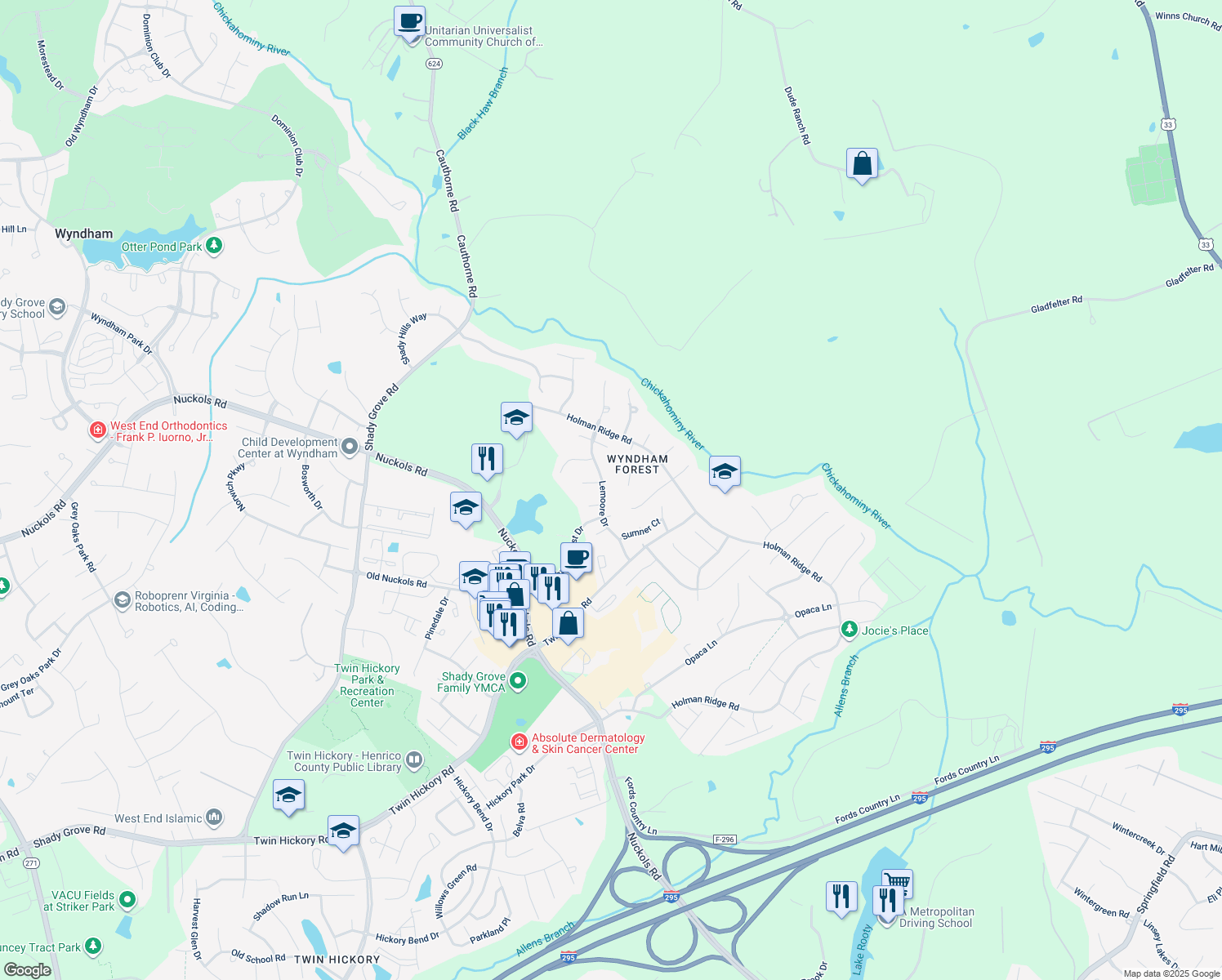 map of restaurants, bars, coffee shops, grocery stores, and more near 5313 Lemoore Drive in Glen Allen
