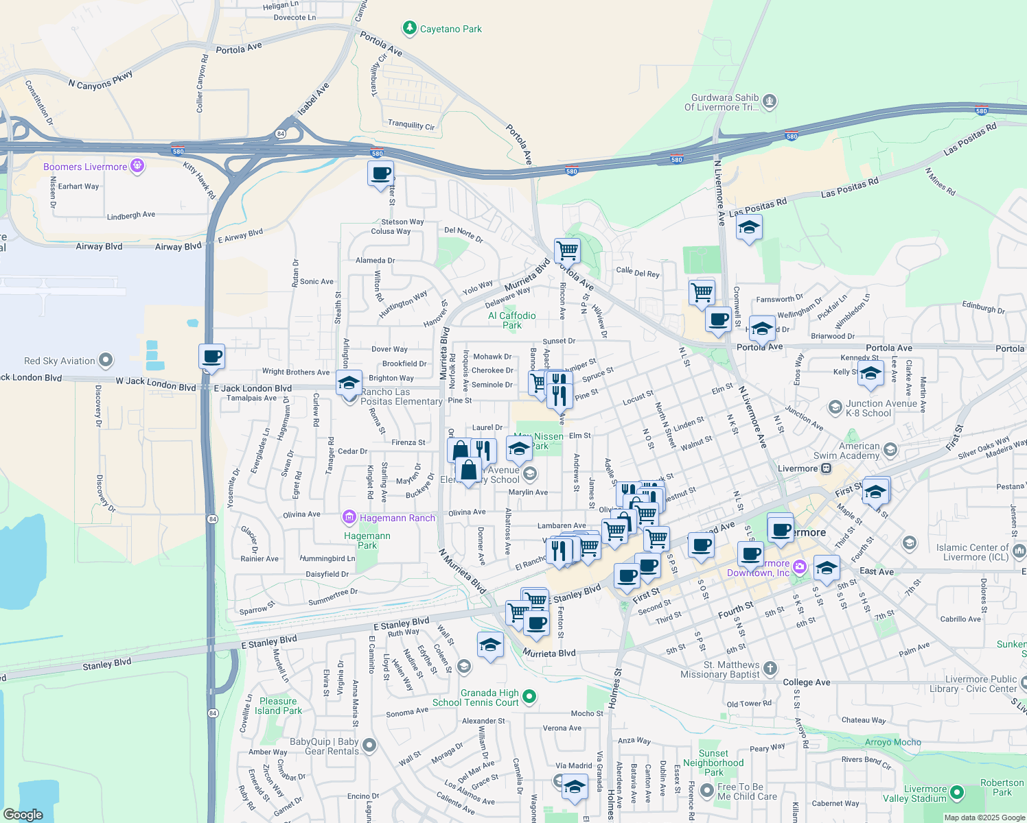 map of restaurants, bars, coffee shops, grocery stores, and more near 847 Crane Ave in Livermore
