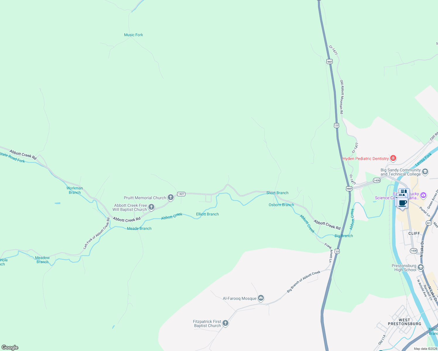 map of restaurants, bars, coffee shops, grocery stores, and more near 43 Walnut Drive in Prestonsburg