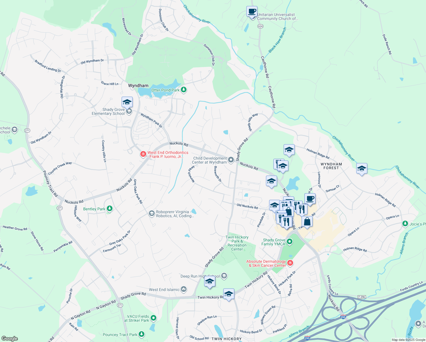 map of restaurants, bars, coffee shops, grocery stores, and more near 11724 Bosworth Drive in Glen Allen