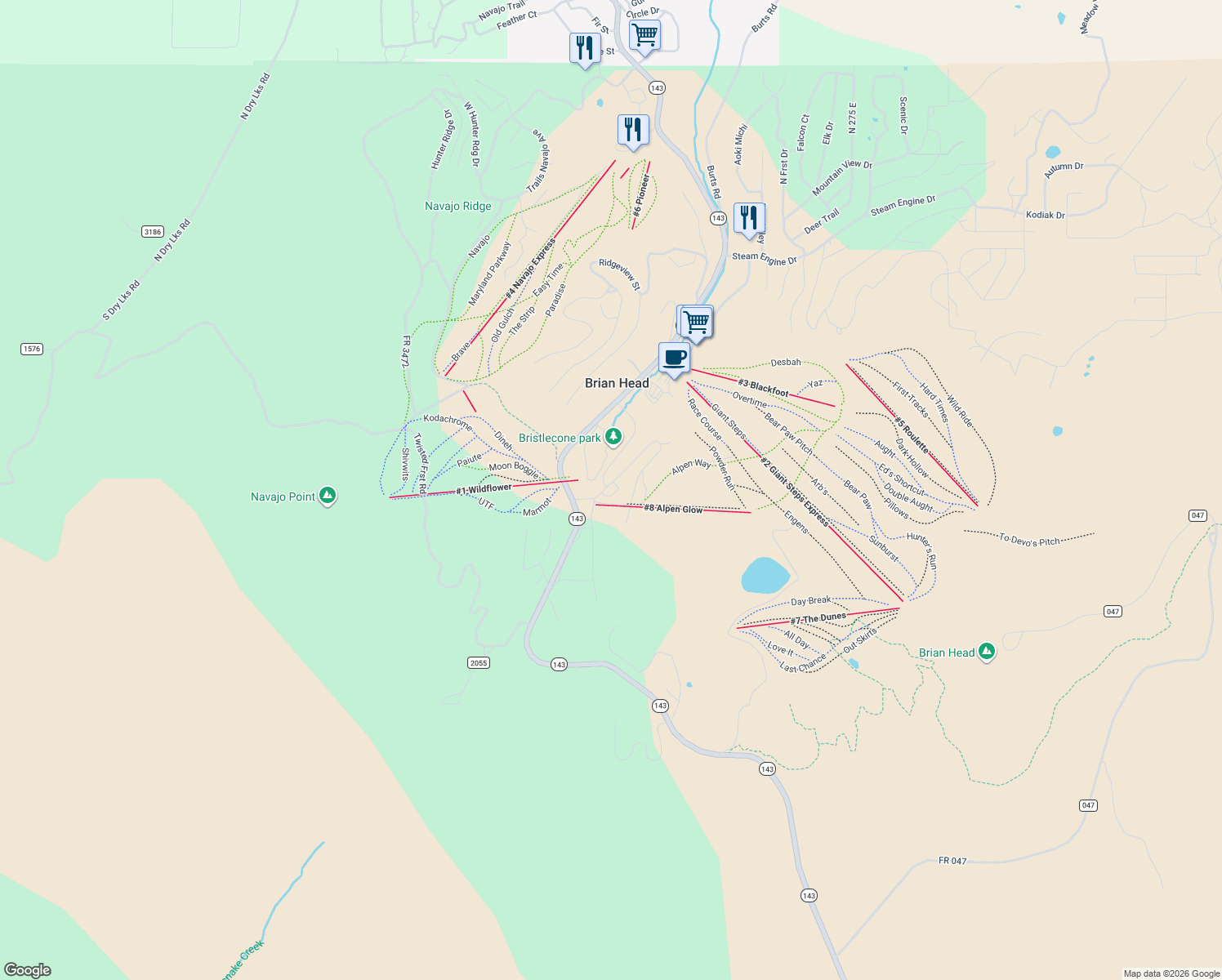 map of restaurants, bars, coffee shops, grocery stores, and more near 535 Brian Head Boulevard in Brian Head