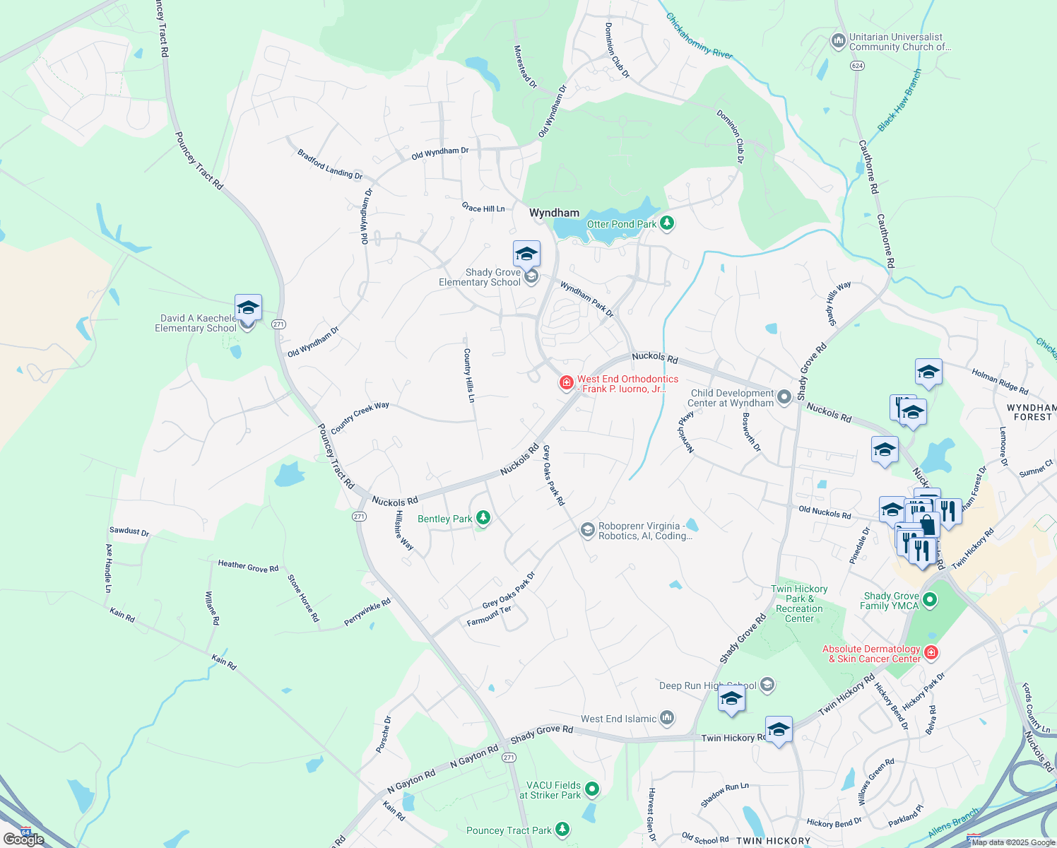 map of restaurants, bars, coffee shops, grocery stores, and more near 12136 Jamieson Place in Glen Allen