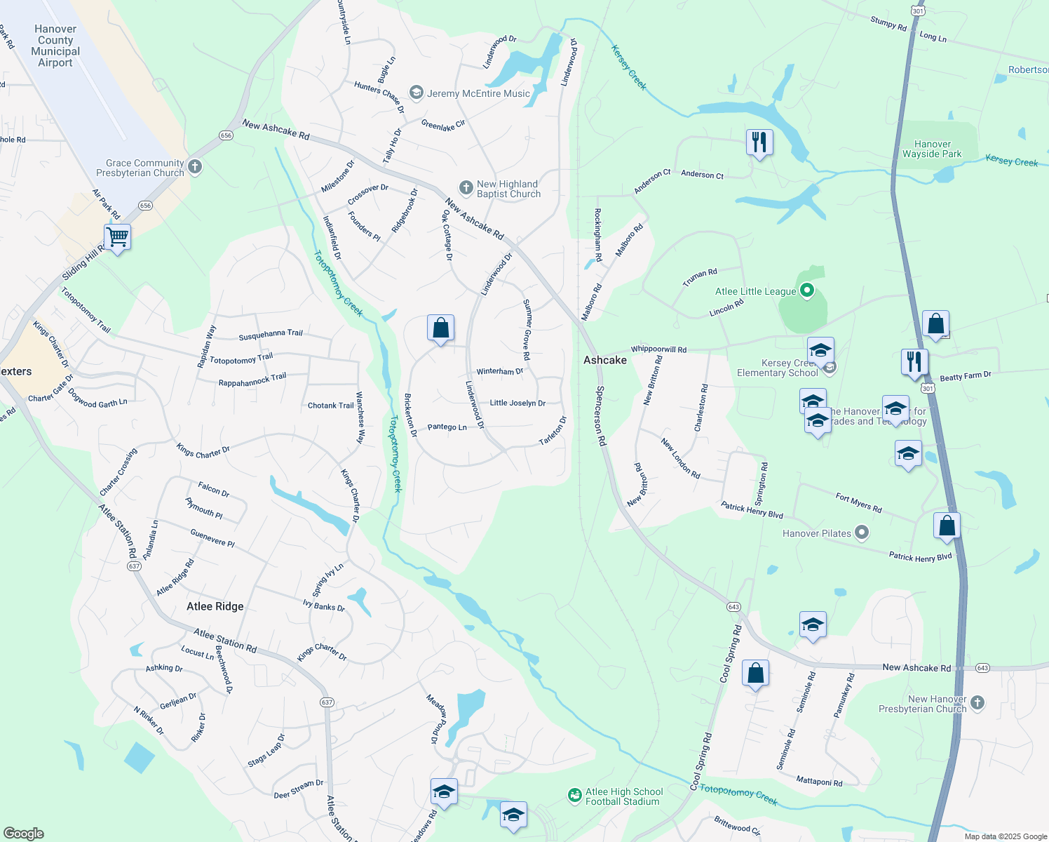 map of restaurants, bars, coffee shops, grocery stores, and more near 9060 Cottleston Circle in Mechanicsville