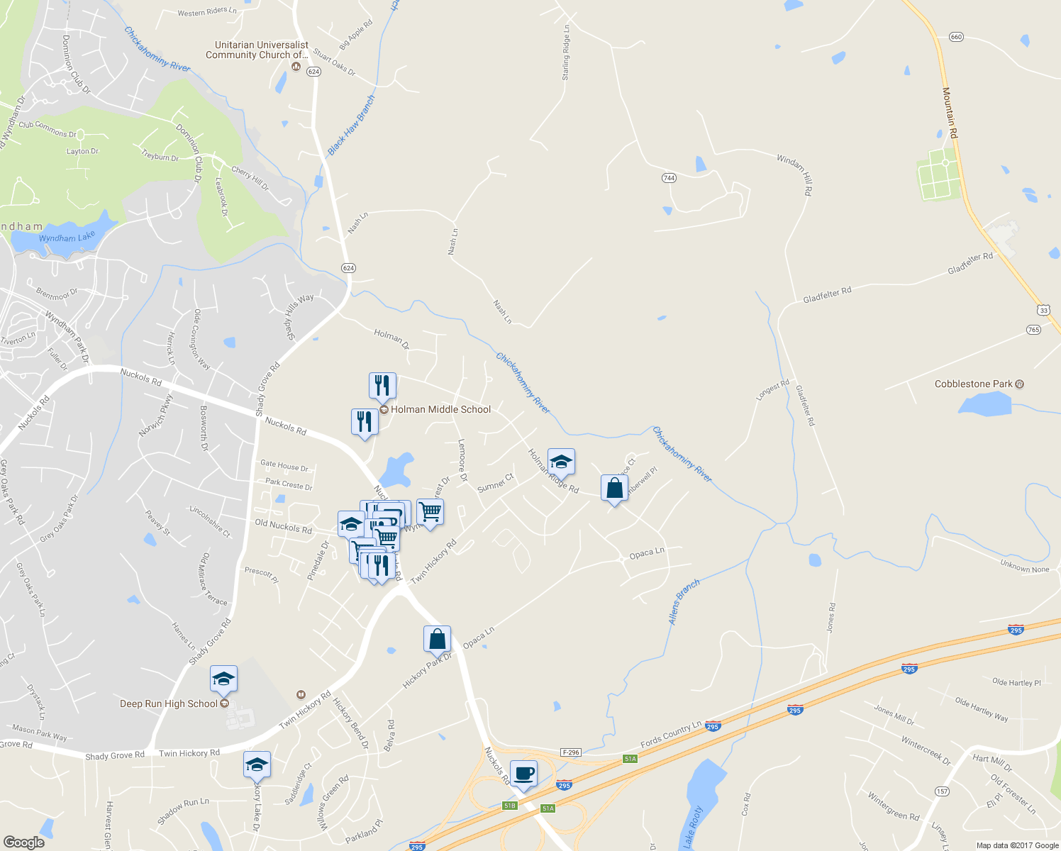 map of restaurants, bars, coffee shops, grocery stores, and more near 4909 Hickory Meadows Court in Glen Allen