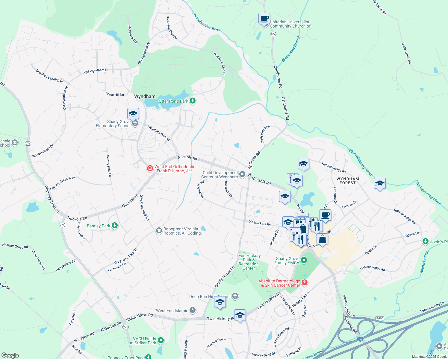 map of restaurants, bars, coffee shops, grocery stores, and more near 11736 Bosworth Dr in Glen Allen
