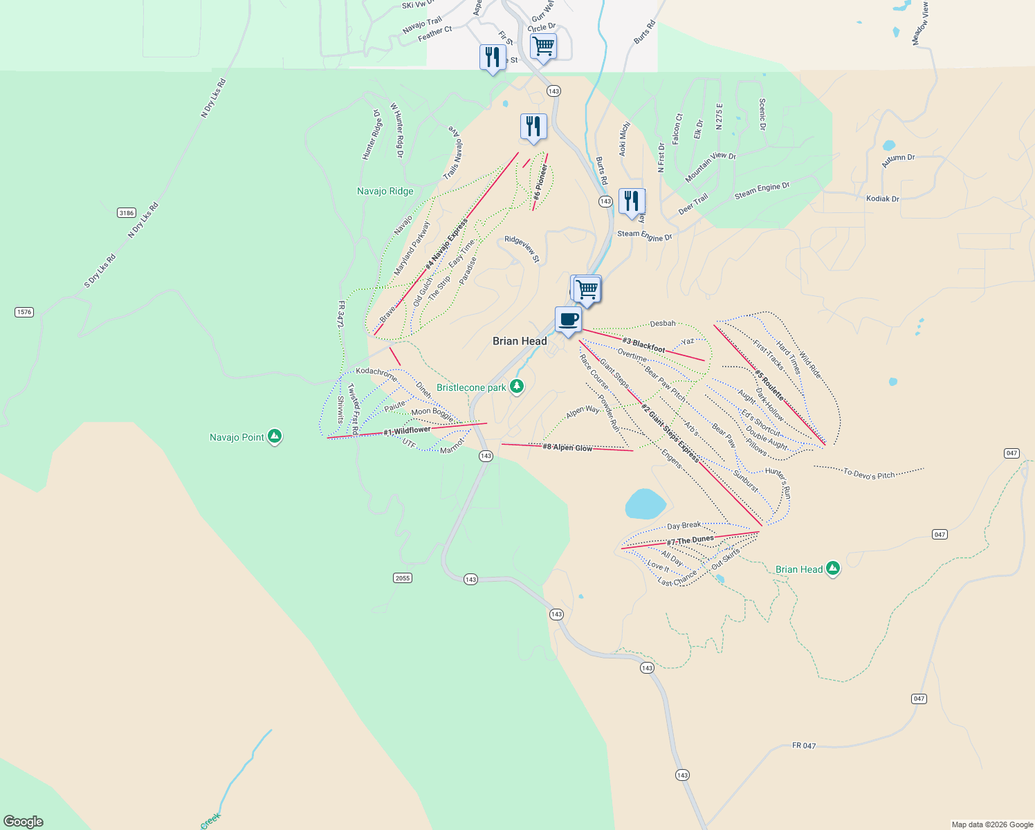 map of restaurants, bars, coffee shops, grocery stores, and more near 535 Brian Head Boulevard in Brian Head