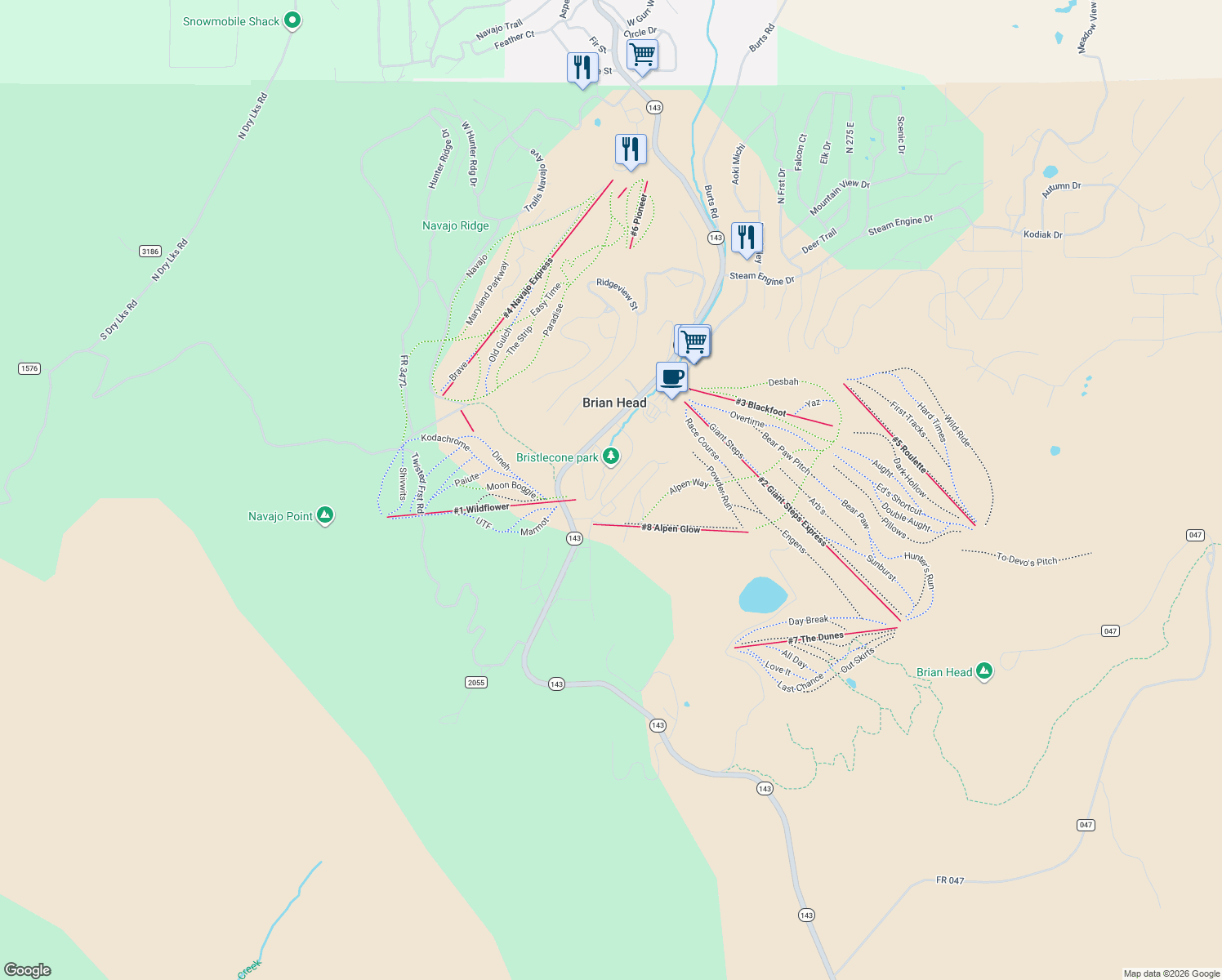 map of restaurants, bars, coffee shops, grocery stores, and more near 535 Brian Head Boulevard in Brian Head