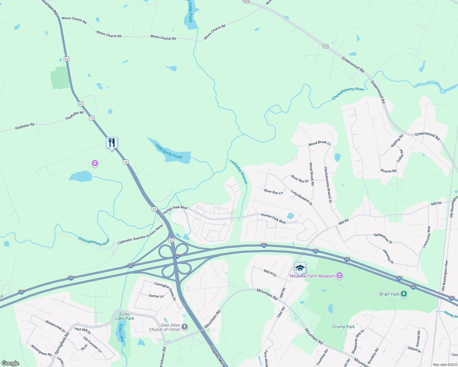 map of restaurants, bars, coffee shops, grocery stores, and more near 3226 Friars Walk Lane in Glen Allen