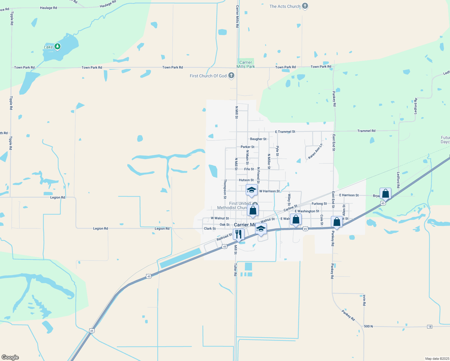 map of restaurants, bars, coffee shops, grocery stores, and more near 499 North Thompson Street in Carrier Mills
