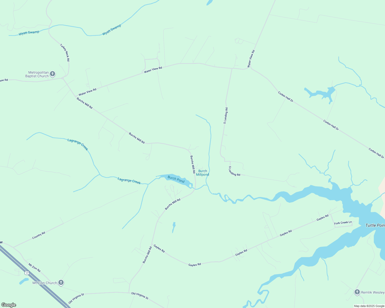 map of restaurants, bars, coffee shops, grocery stores, and more near 1504 Burchs Mill Road in Urbanna