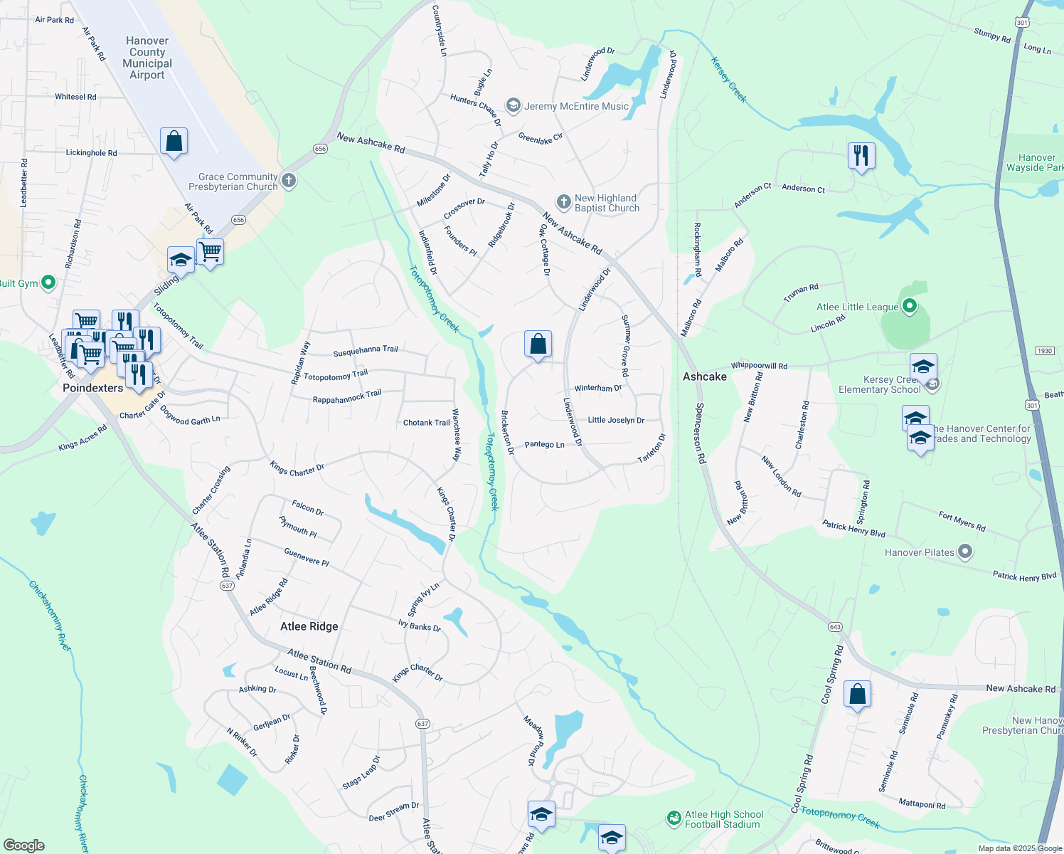 map of restaurants, bars, coffee shops, grocery stores, and more near 10320 Grendel Court in Mechanicsville