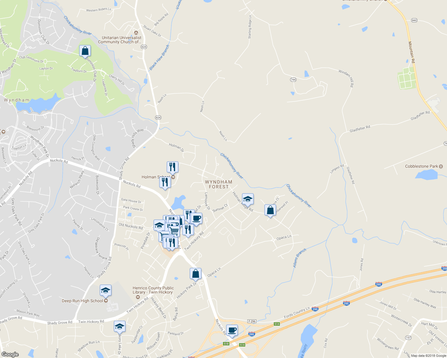 map of restaurants, bars, coffee shops, grocery stores, and more near 4908 Hunter Hill Terrace in Glen Allen