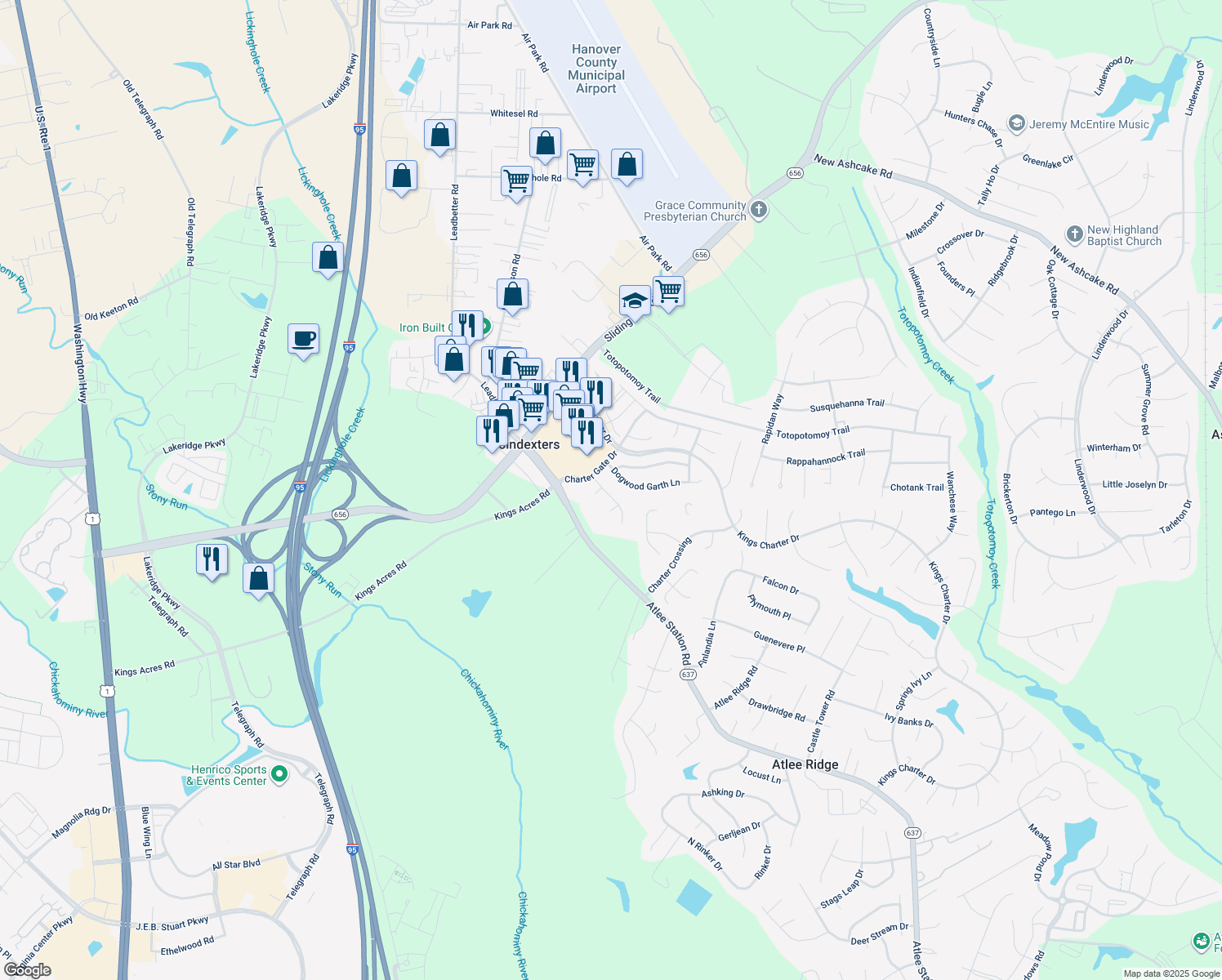 map of restaurants, bars, coffee shops, grocery stores, and more near 9468 Manorwood Drive in Mechanicsville