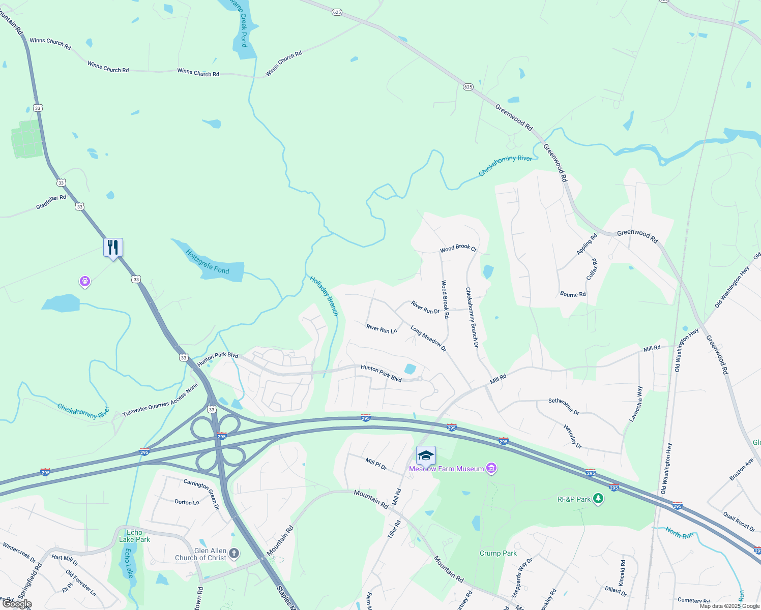 map of restaurants, bars, coffee shops, grocery stores, and more near 11504 Long Meadow Drive in Glen Allen