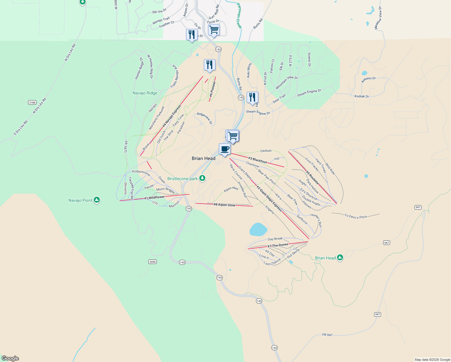map of restaurants, bars, coffee shops, grocery stores, and more near 700 South Vasels Road in Brian Head