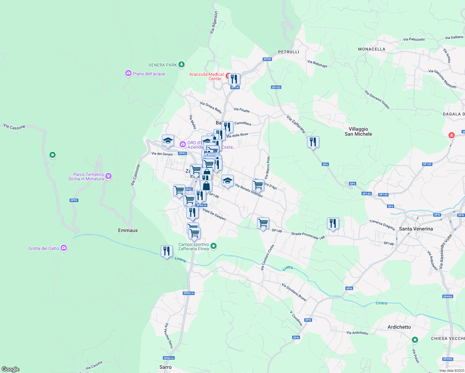 map of restaurants, bars, coffee shops, grocery stores, and more near 82 Via Renato Imbriani in Zafferana Etnea