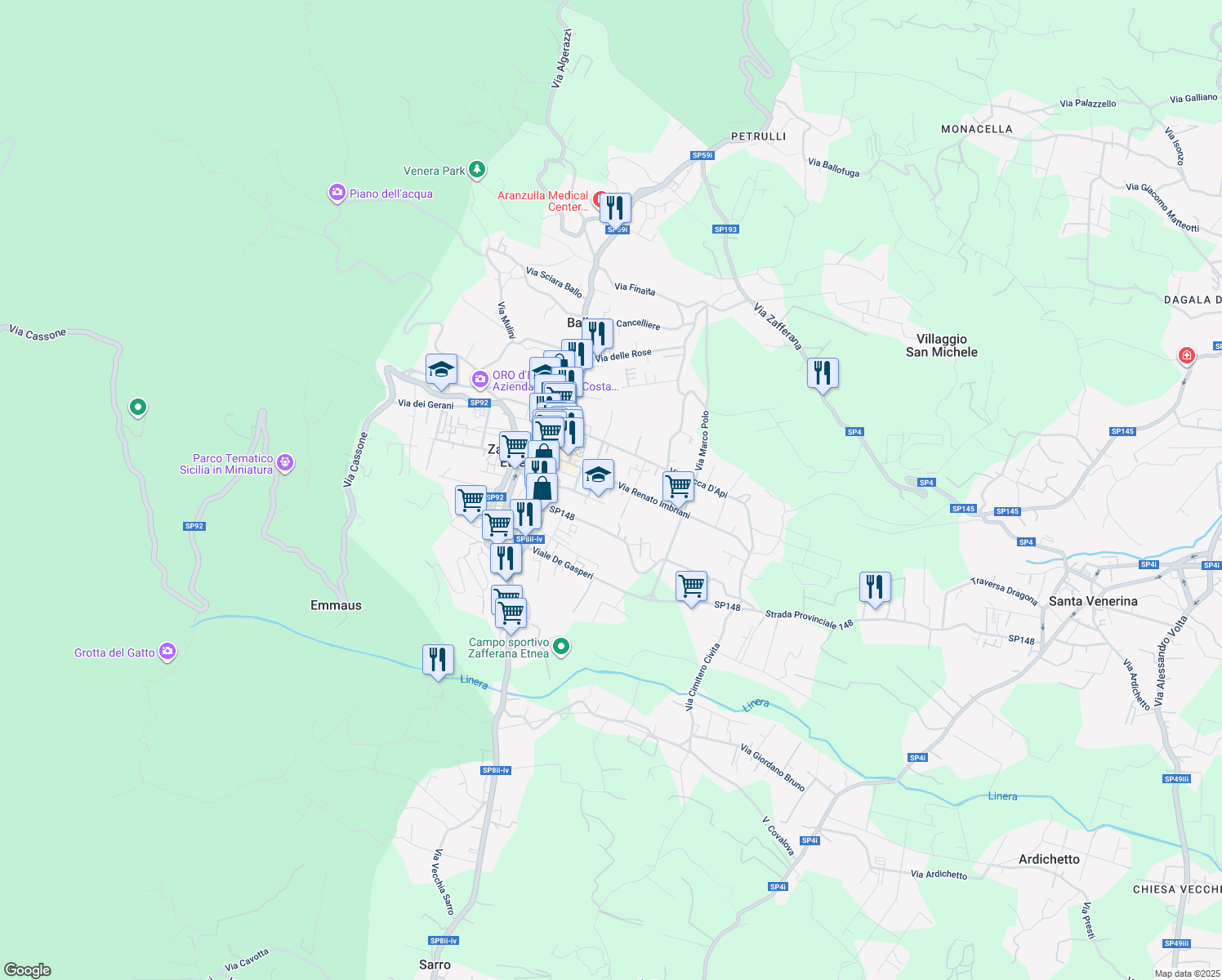 map of restaurants, bars, coffee shops, grocery stores, and more near 82 Via Renato Imbriani in Zafferana Etnea