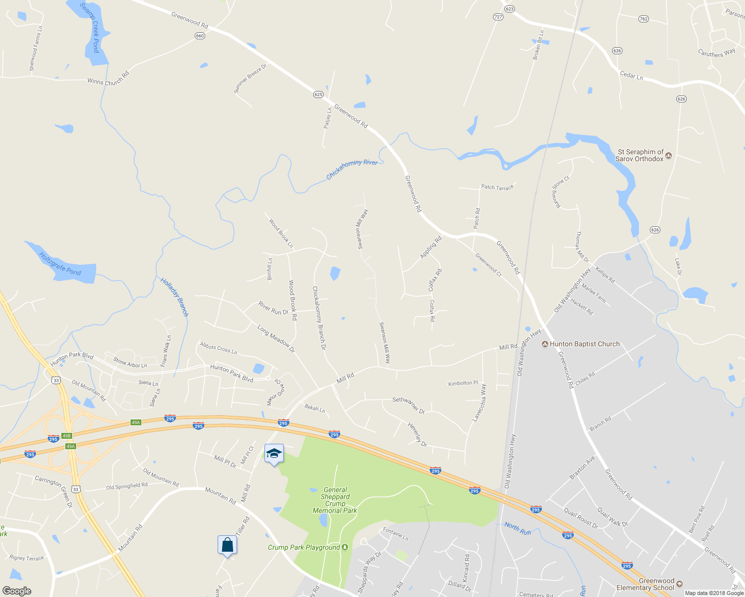 map of restaurants, bars, coffee shops, grocery stores, and more near 3300 Arbill Trace in Glen Allen