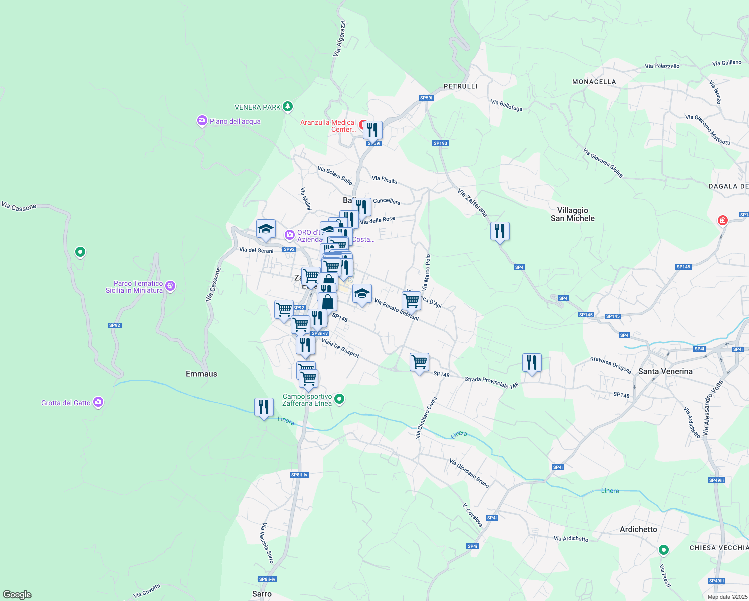 map of restaurants, bars, coffee shops, grocery stores, and more near 82 Via Renato Imbriani in Zafferana Etnea