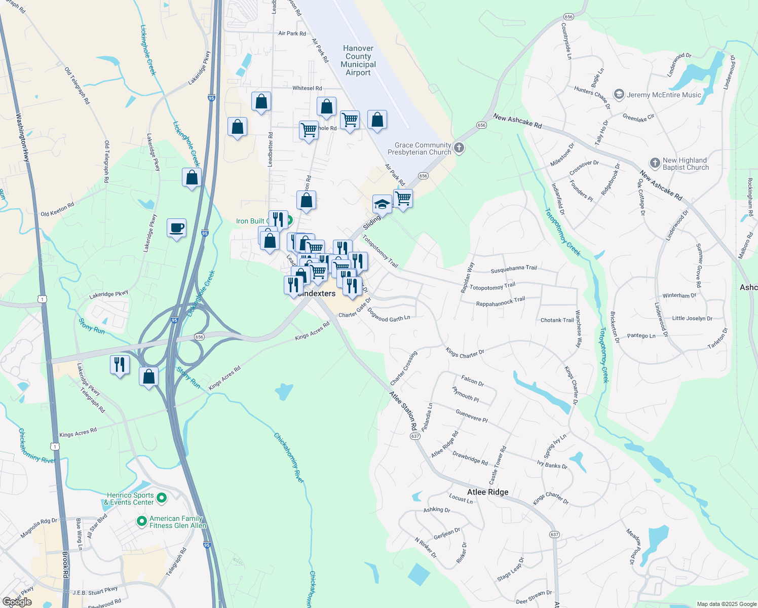 map of restaurants, bars, coffee shops, grocery stores, and more near 9440 Apple Blossom Drive in Mechanicsville