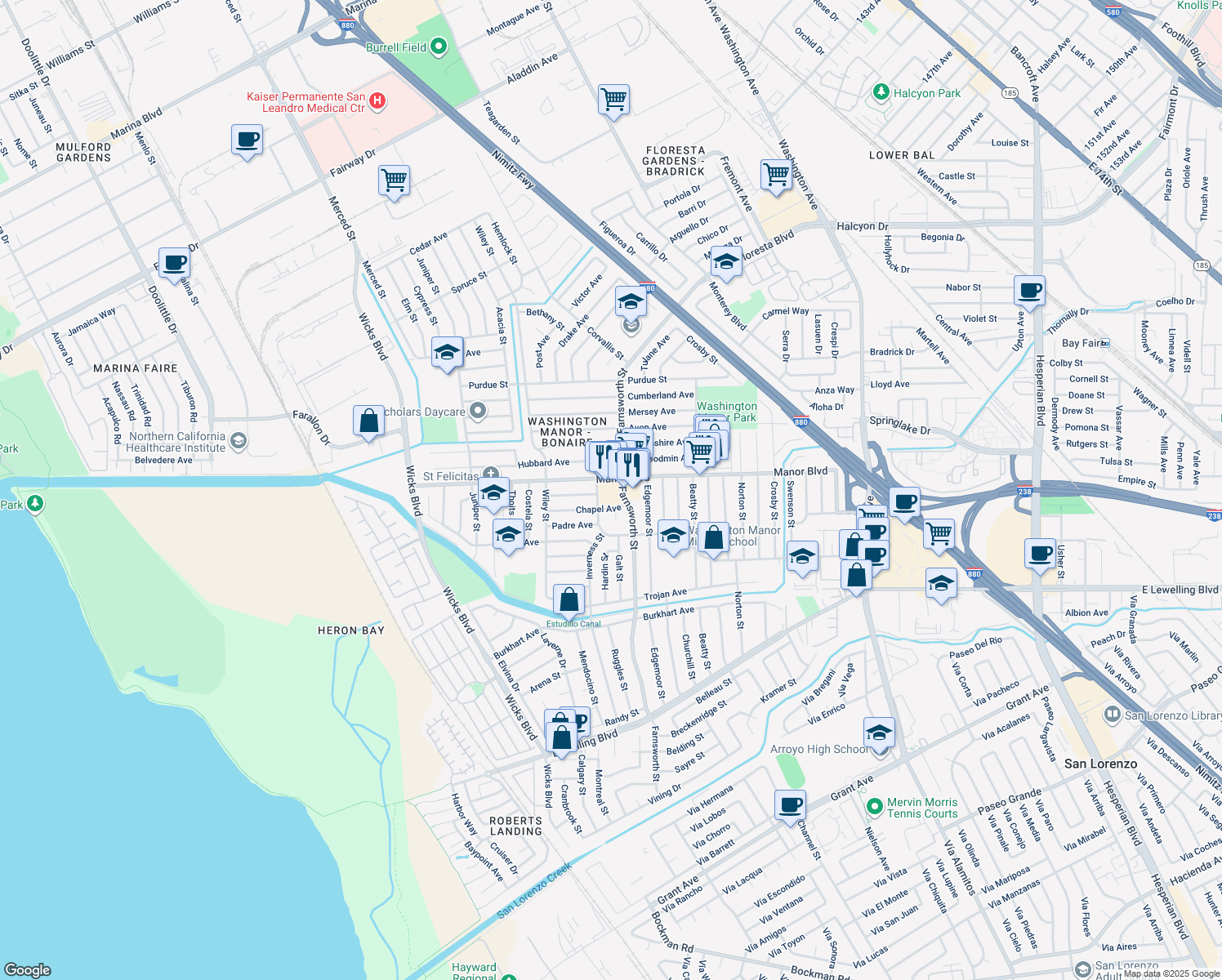 map of restaurants, bars, coffee shops, grocery stores, and more near 15049 Farnsworth Street in San Leandro